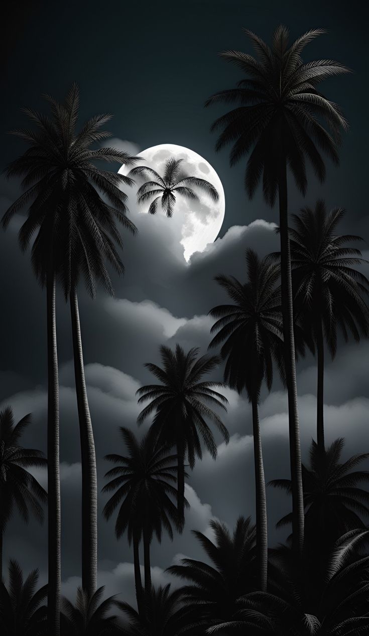 Fotografia noturna de uma floresta de palmeiras tropicais sob a lua cheia