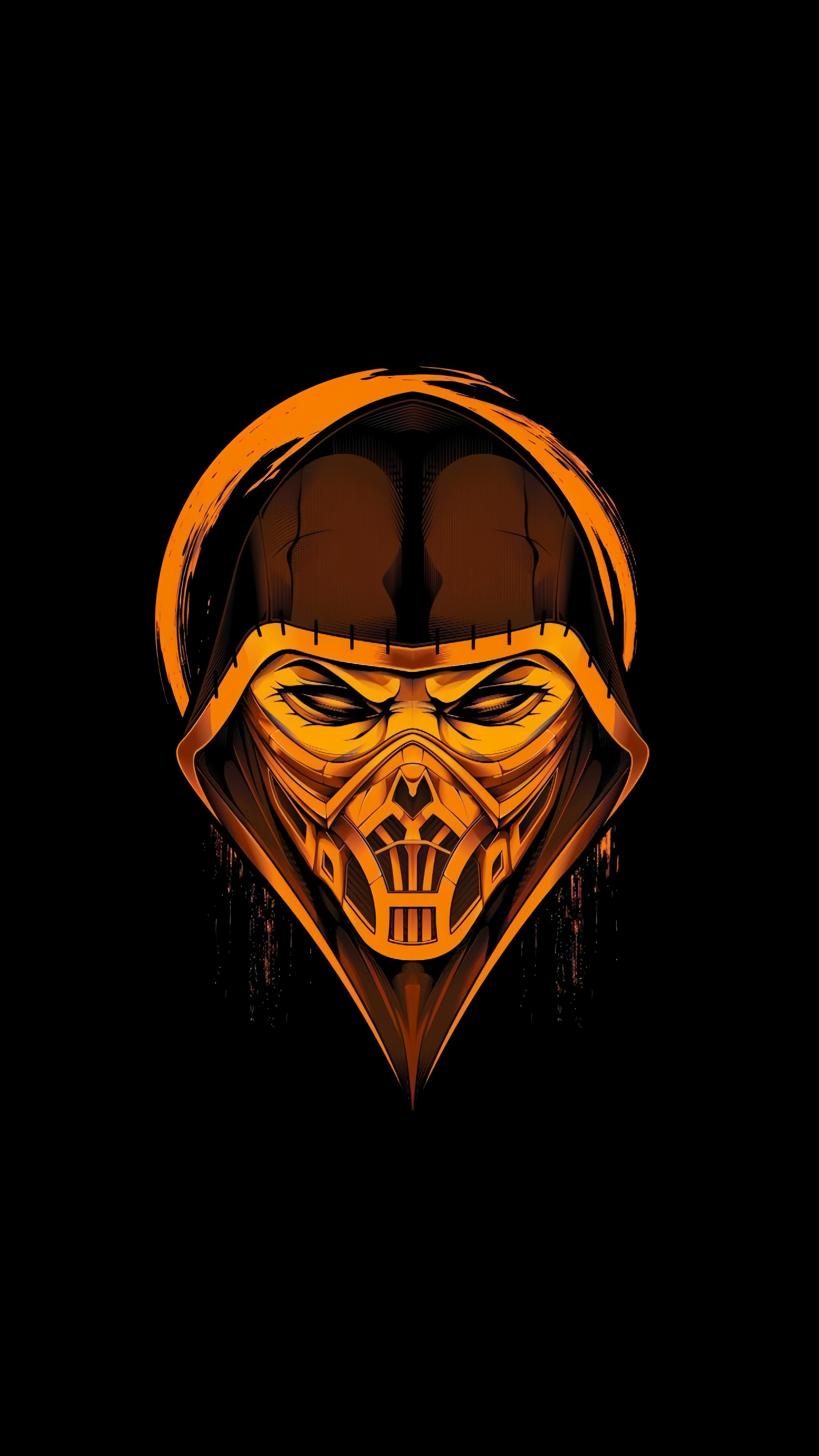La cara enmascarada de Escorpión está ilustrada en tonos ámbar cálido y naranja quemado sobre negro