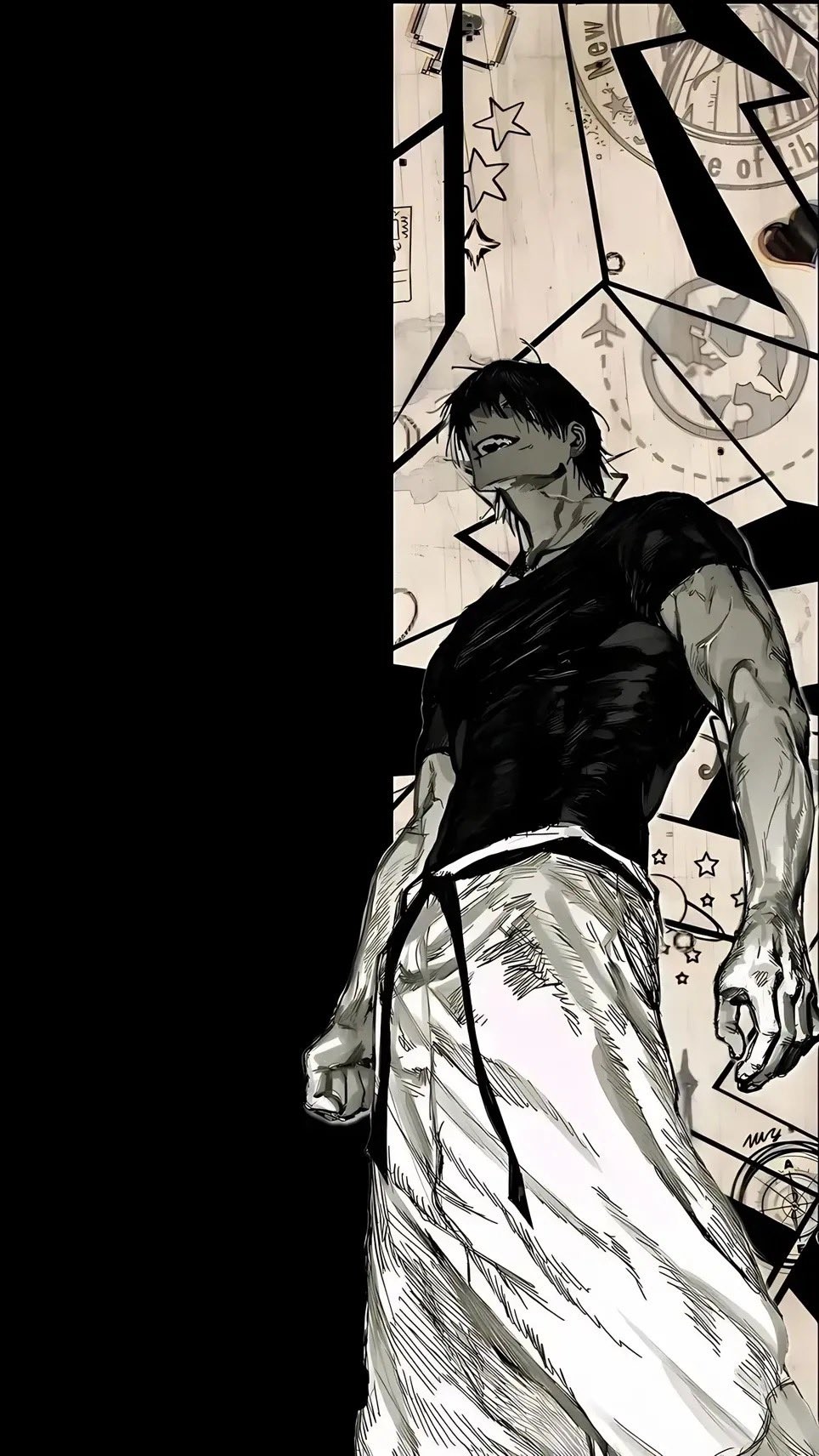 A gritty high-contrast shonen manga cover illustration featuring a muscular man in a black tight t-shirt and loose white pants with a confident predatory grin