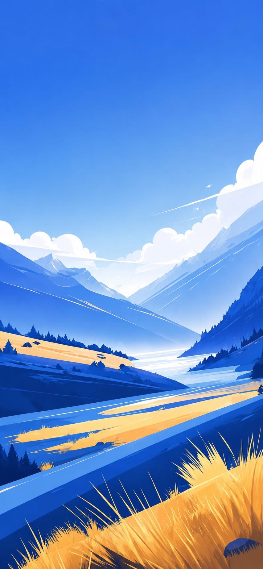 This is a geometric simplification of layered mountain ranges and a bright river