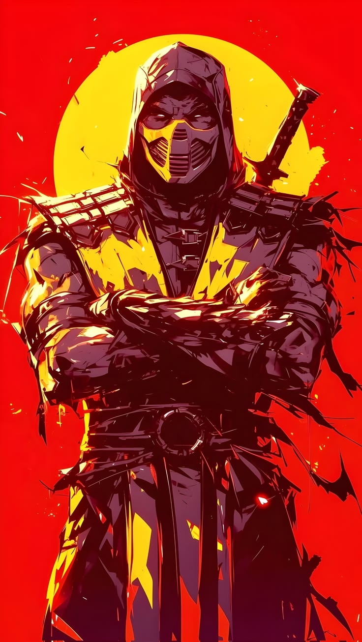 The Scorpion character from Mortal Kombat with a striking red and yellow contrast stands under the blood sun