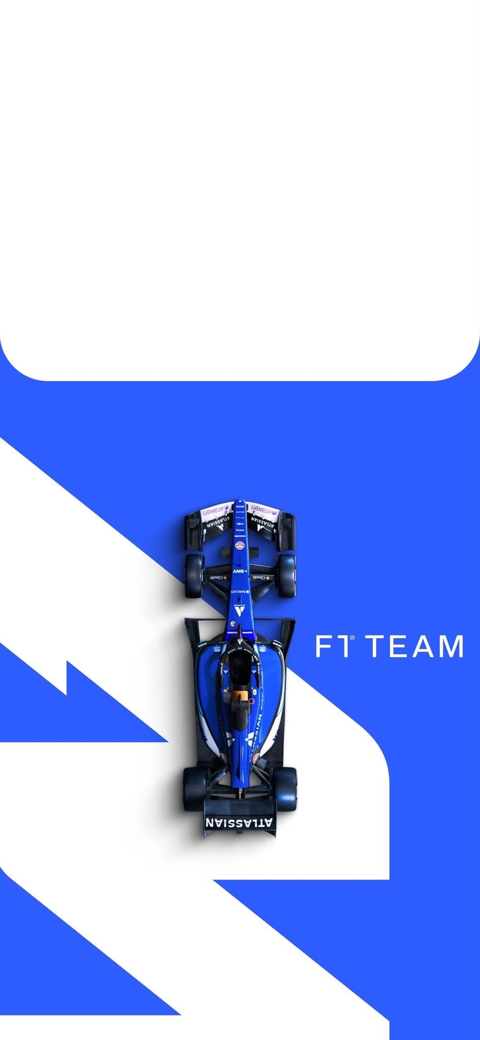 A minimalist blue and white Williams F1 racing car wallpaper design