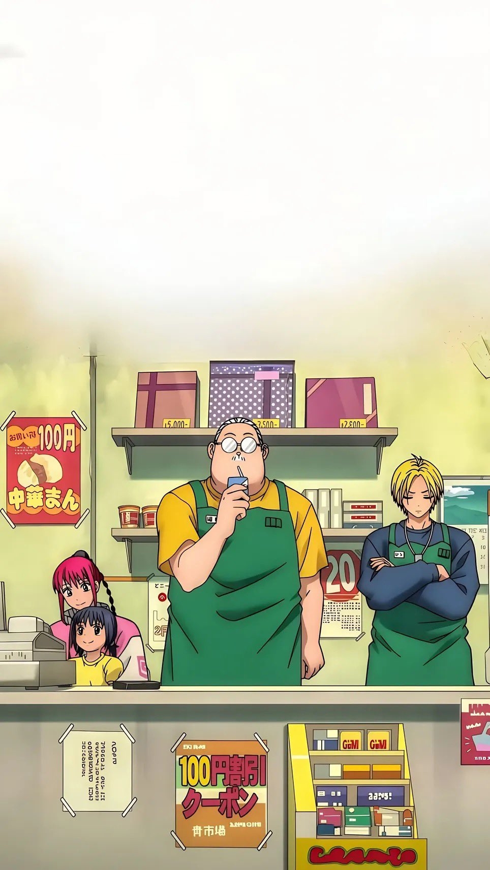 A cozy Japanese convenience store scene with a relaxed big uncle shopkeeper enjoying a drink