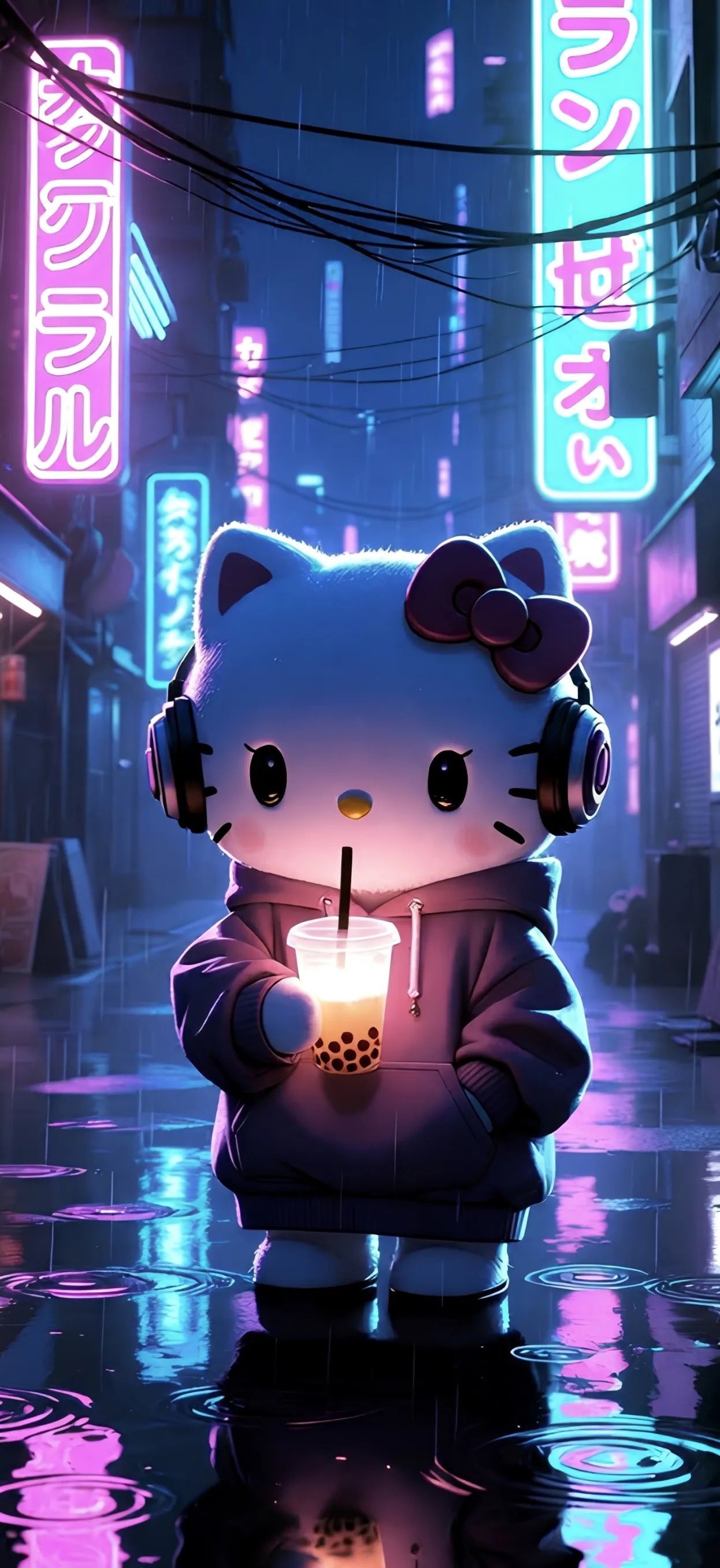 Hello Kitty wallpaper featuring a neon rainy Tokyo street