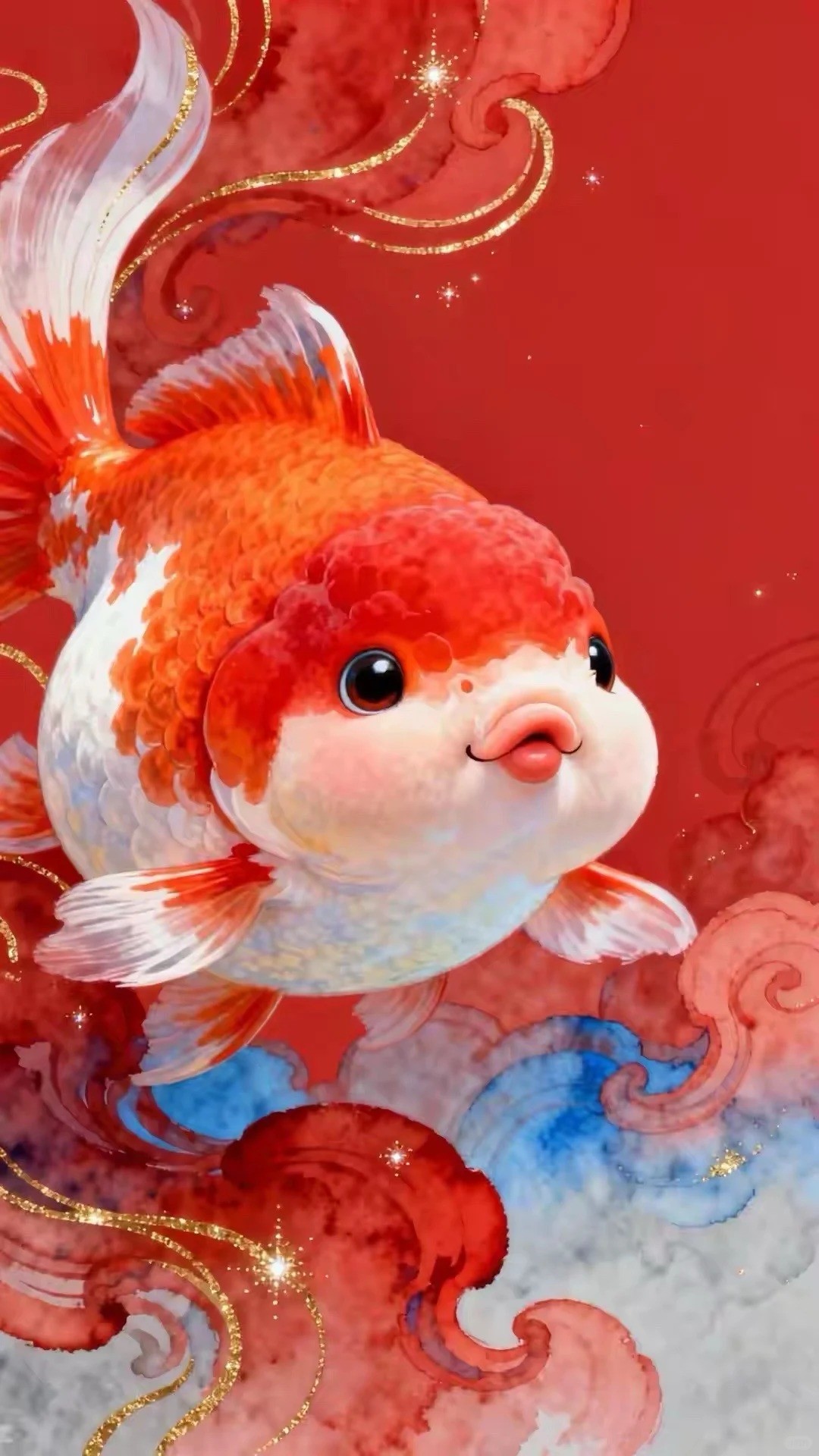 Un pez dorado en versión Q nada en un fondo rojo chino intenso