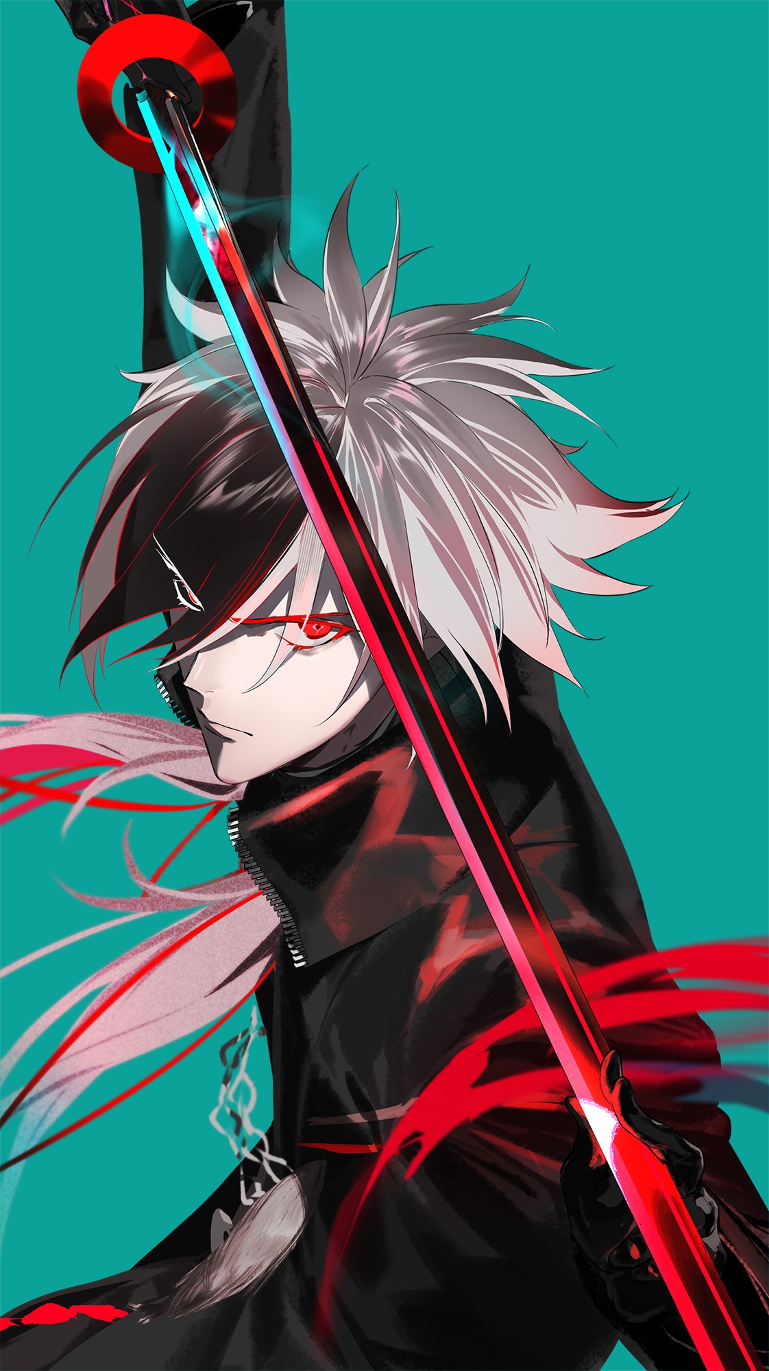 Um personagem de cabelo branco segurando uma espada de energia exibe um estilo de anime moderno