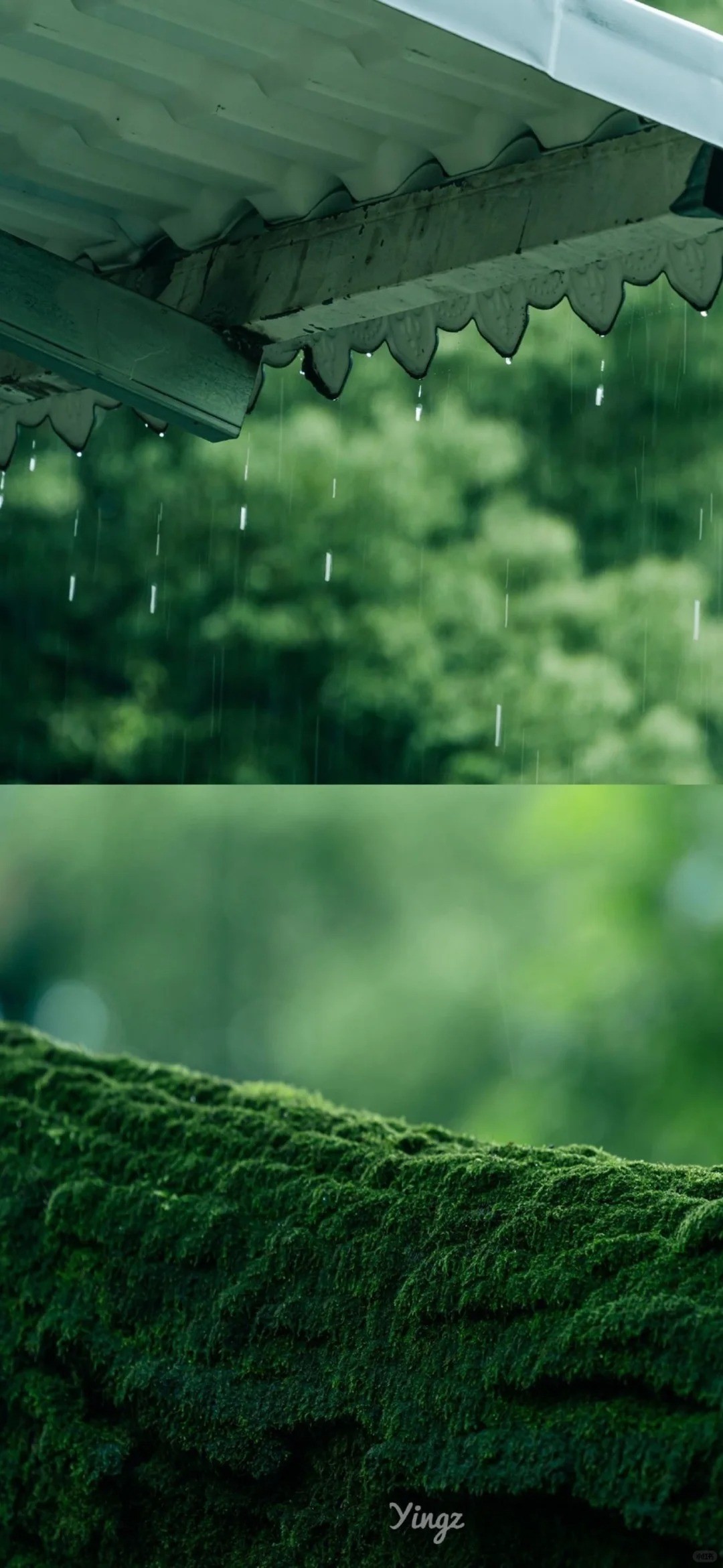 檐雨青苔壁紙呈現中式飛檐和青苔石欄的結合