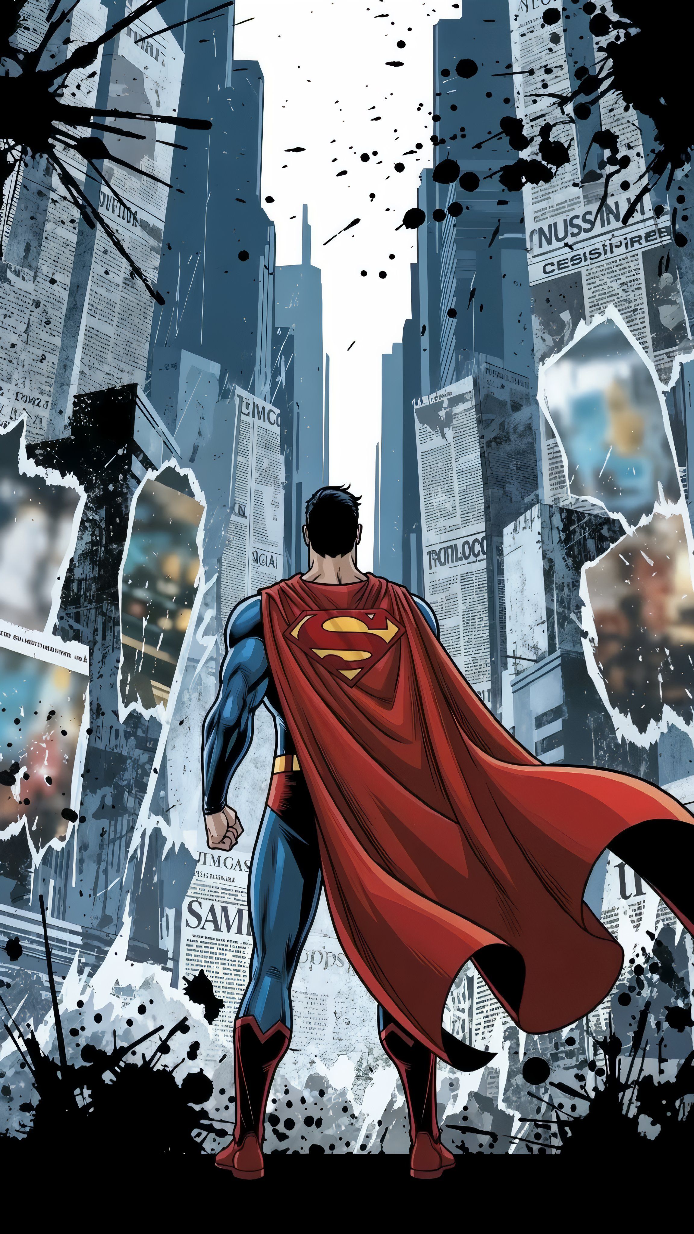Superman stands at the bottom of a canyon of skyscrapers, with a flowing cape
