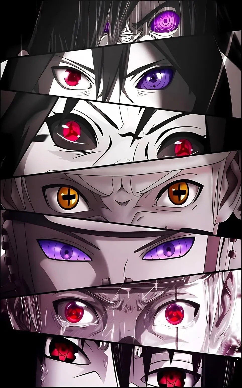 The high-contrast black and white theme showcases six pairs of heterochromatic eyes with strong visual impact