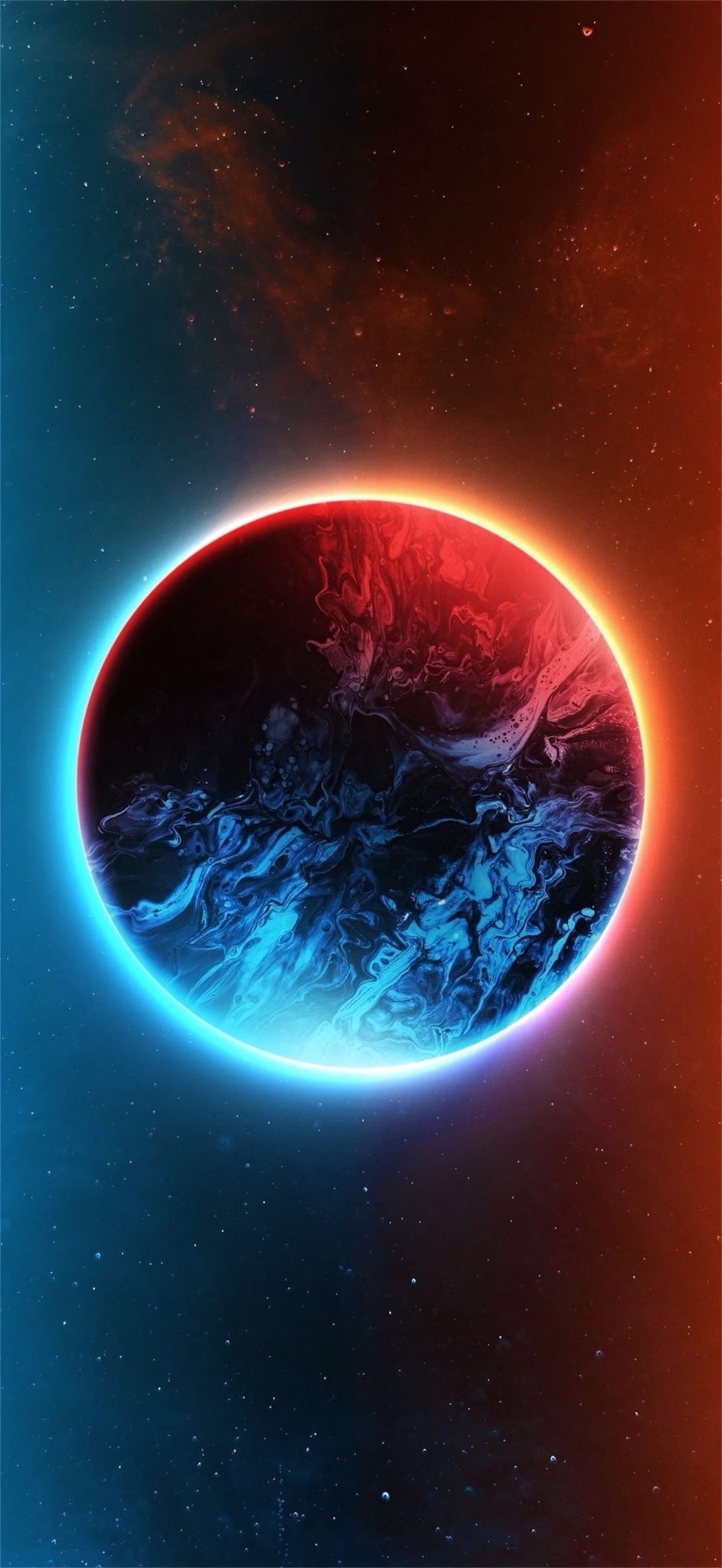 HD mobile wallpaper of a planet wrapped in red and blue halos