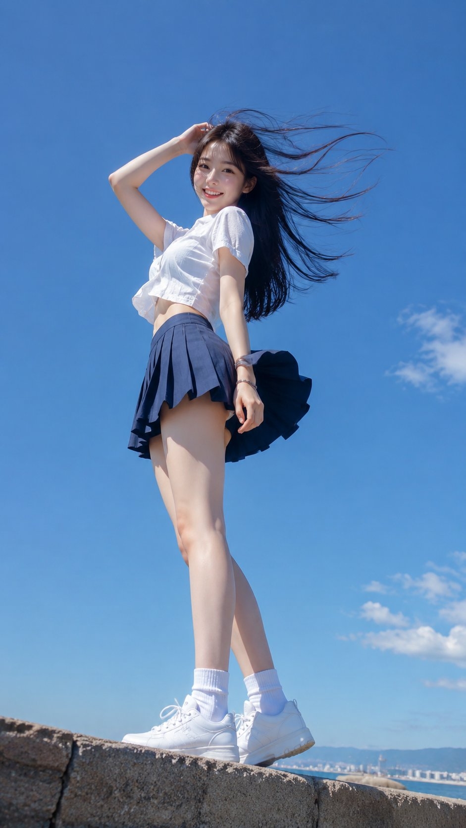 Esta imagem exemplifica a fotografia de estilo de vida contemporânea inspirada na cultura da moda juvenil japonesa, apresentando um uniforme escolar em branco e azul marinho