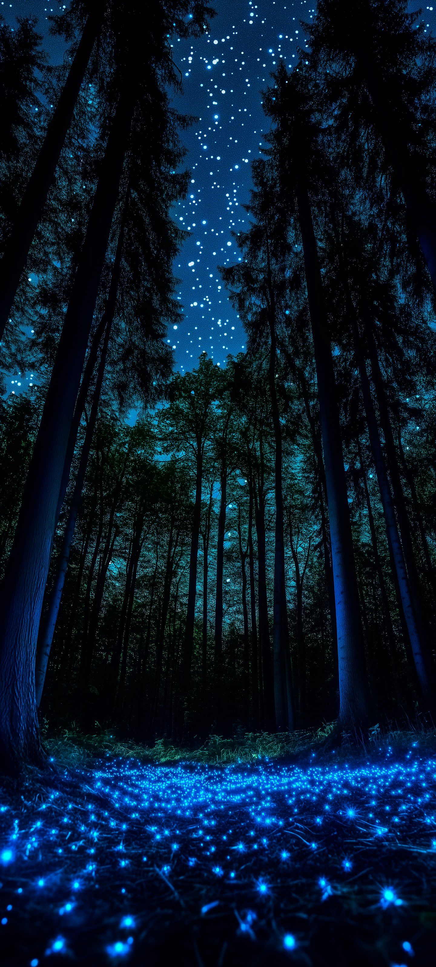 Dreamy forest wallpaper with dark blue starry sky and glowing blue flower path