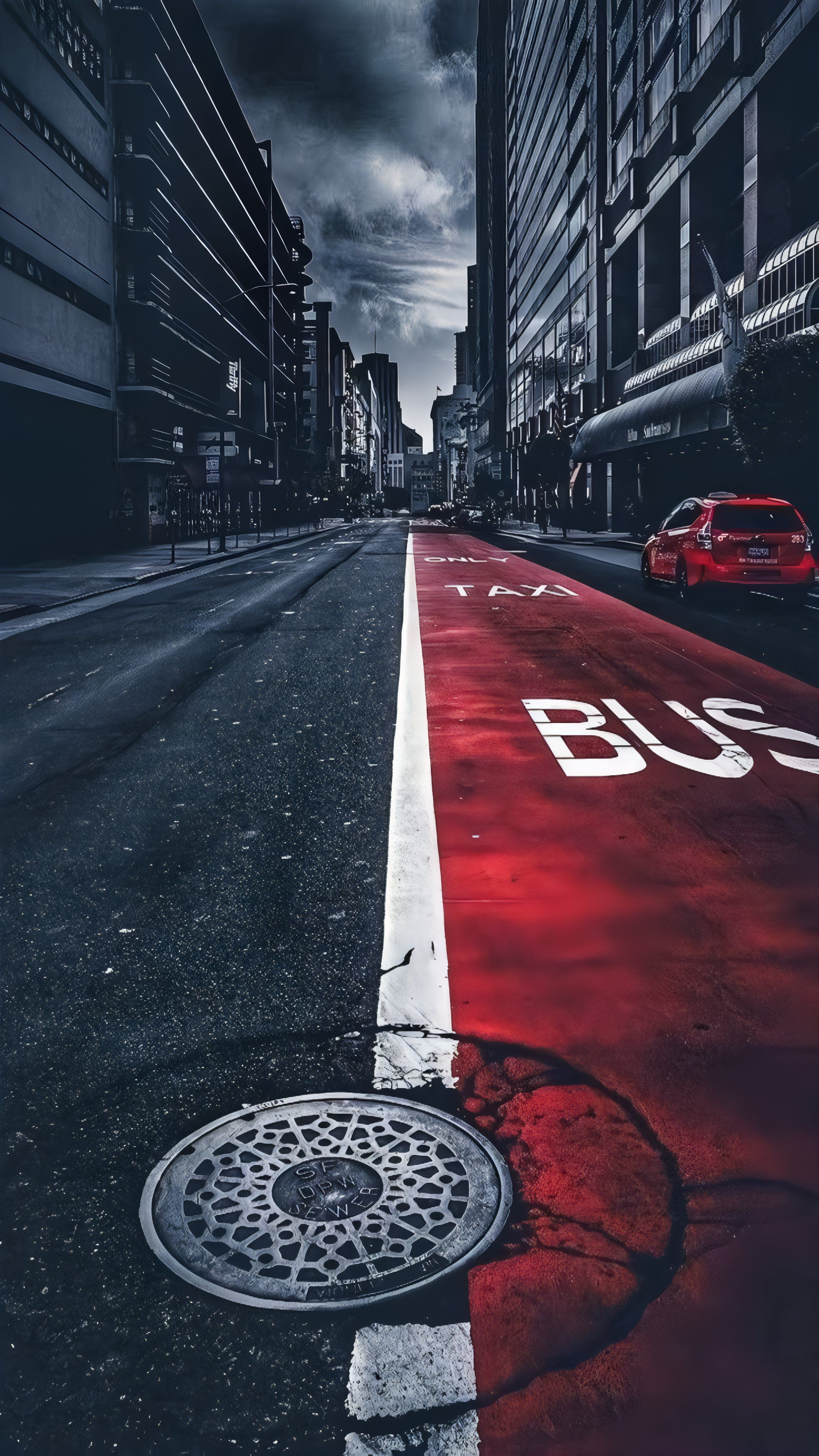This urban photograph showcases selective color photography with red elements standing out in a monochromatic palette