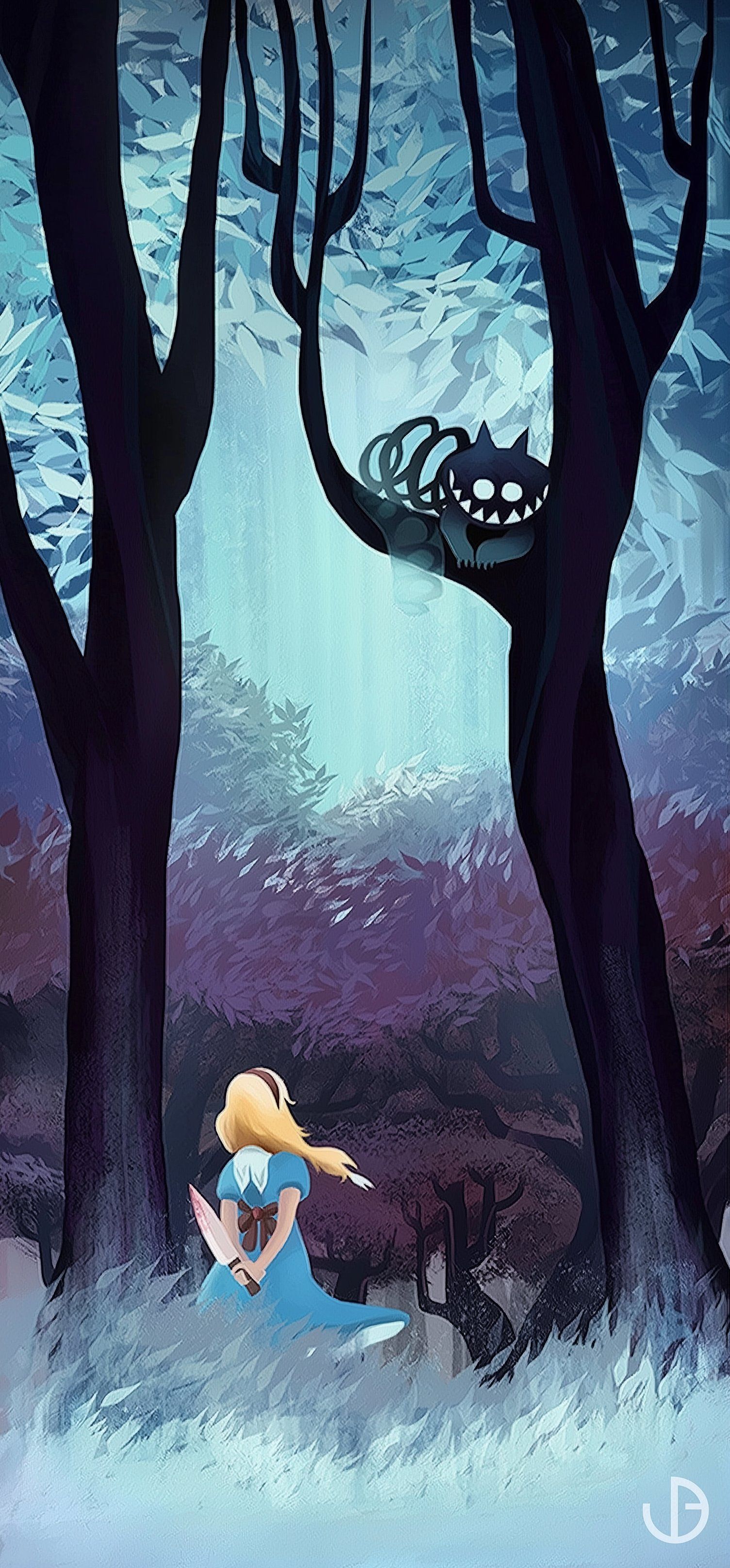 Alice tient un poignard pendant que le Chat du Cheshire se cache dans une forêt mystérieuse