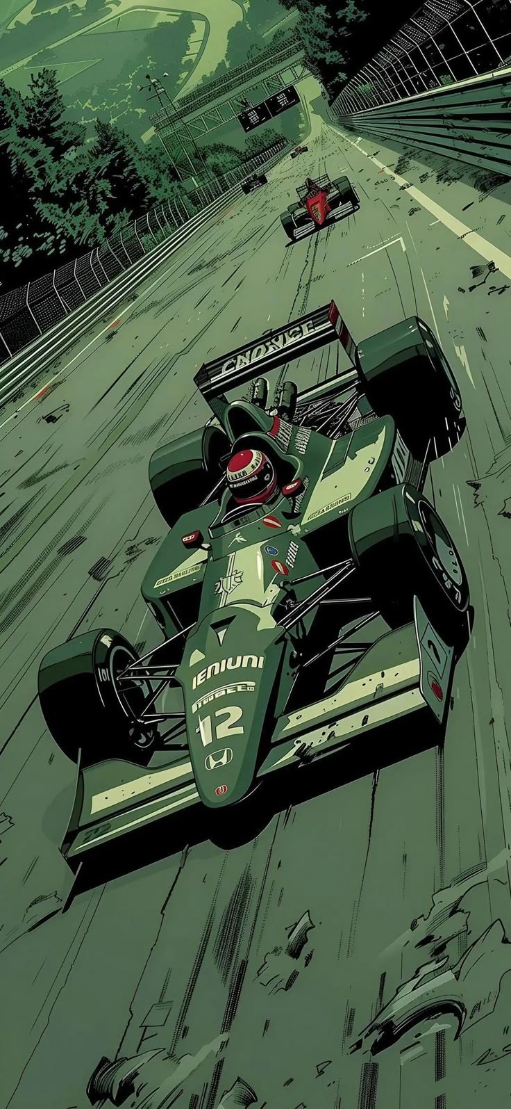 Un coche de carreras F1 vintage verde acelera en la pista