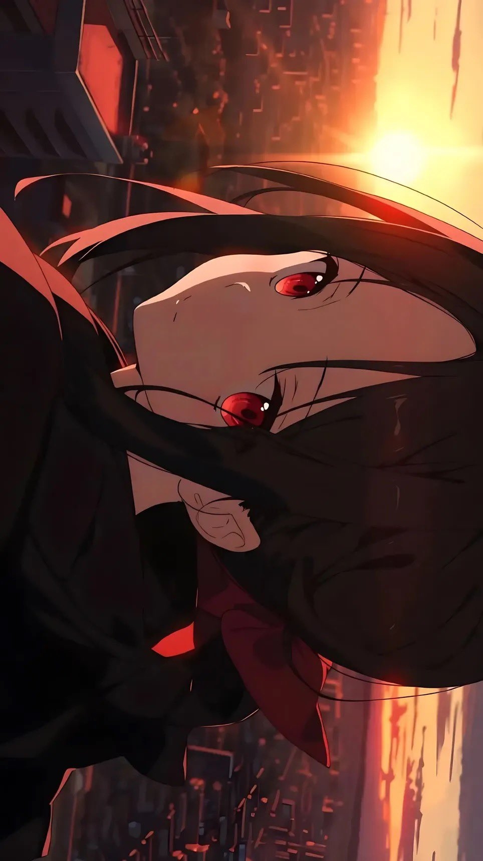 A black-haired, red-eyed girl gazes at the camera in a futuristic city