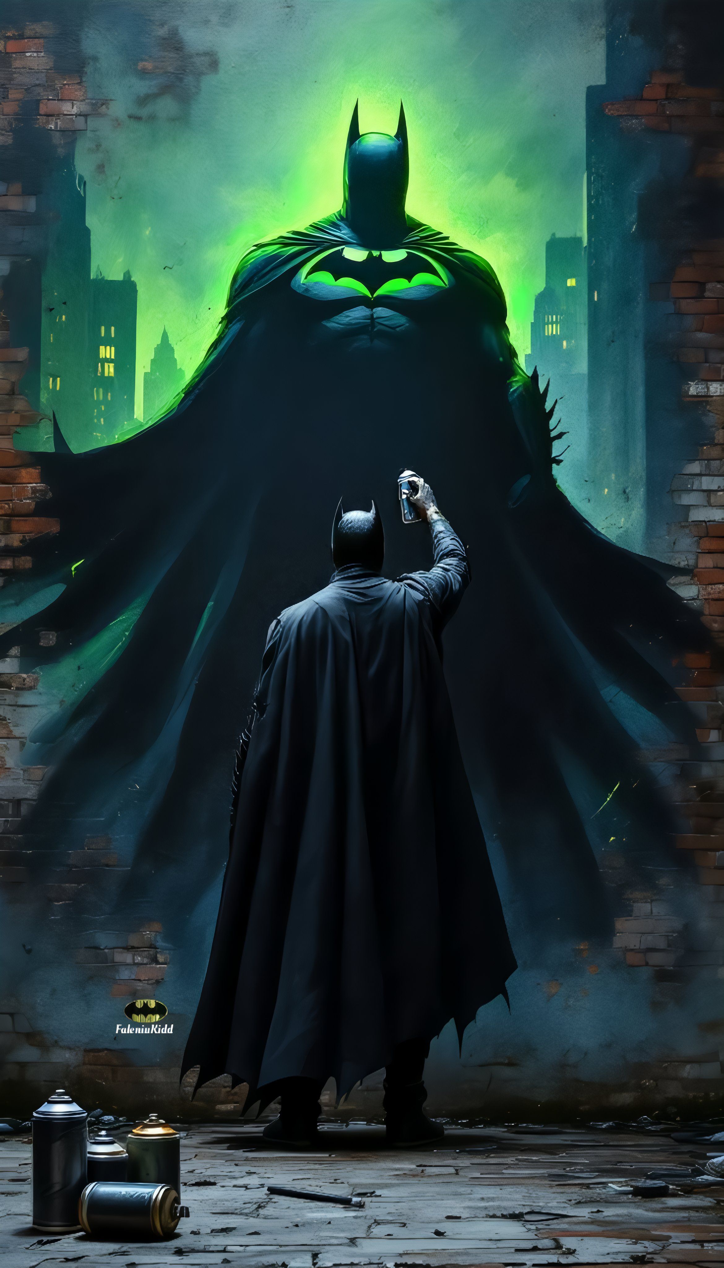 Le petit Batman regarde la gigantesque projection de chauve-souris fluorescente verte dans l'atmosphère sombre de Gotham