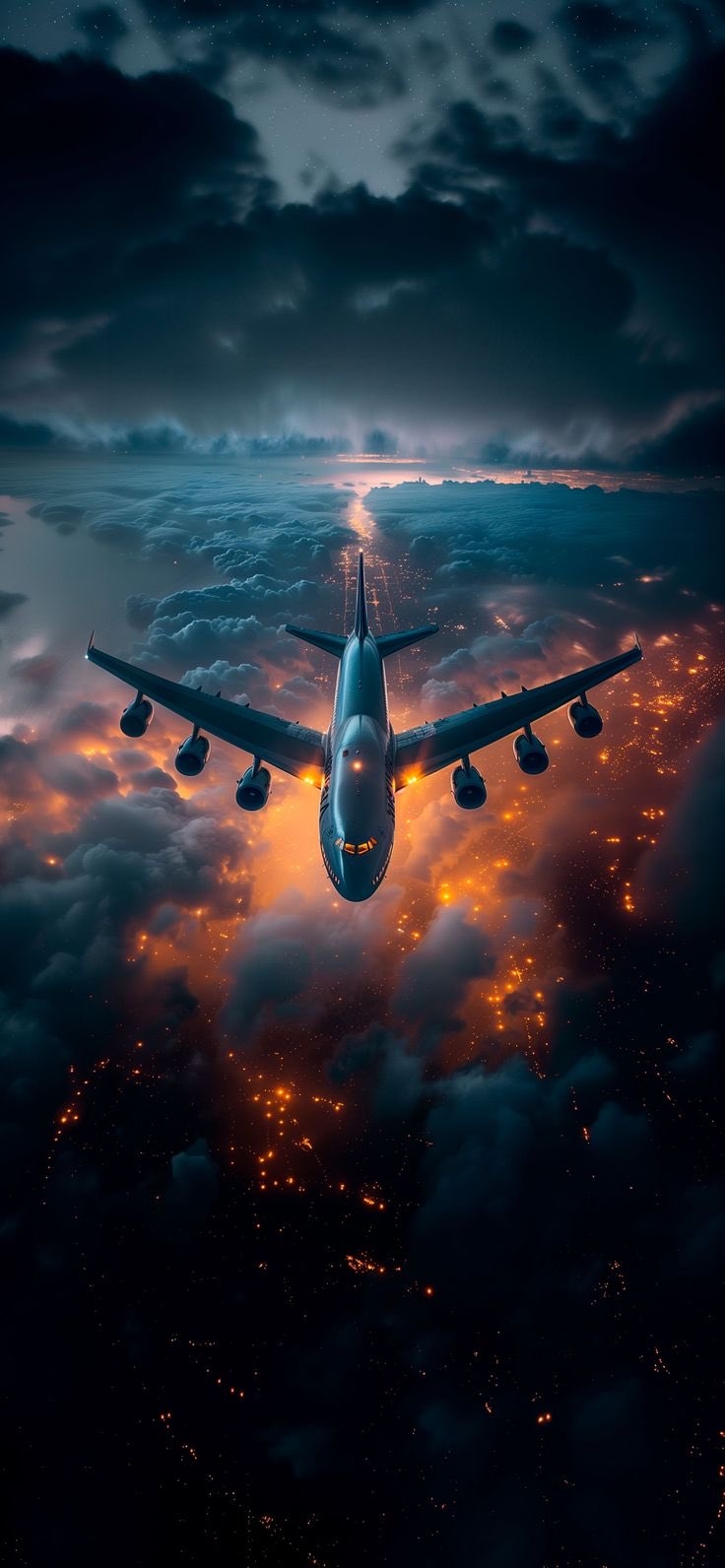 High-definition wallpaper featuring a wide-body aircraft flying over city lights