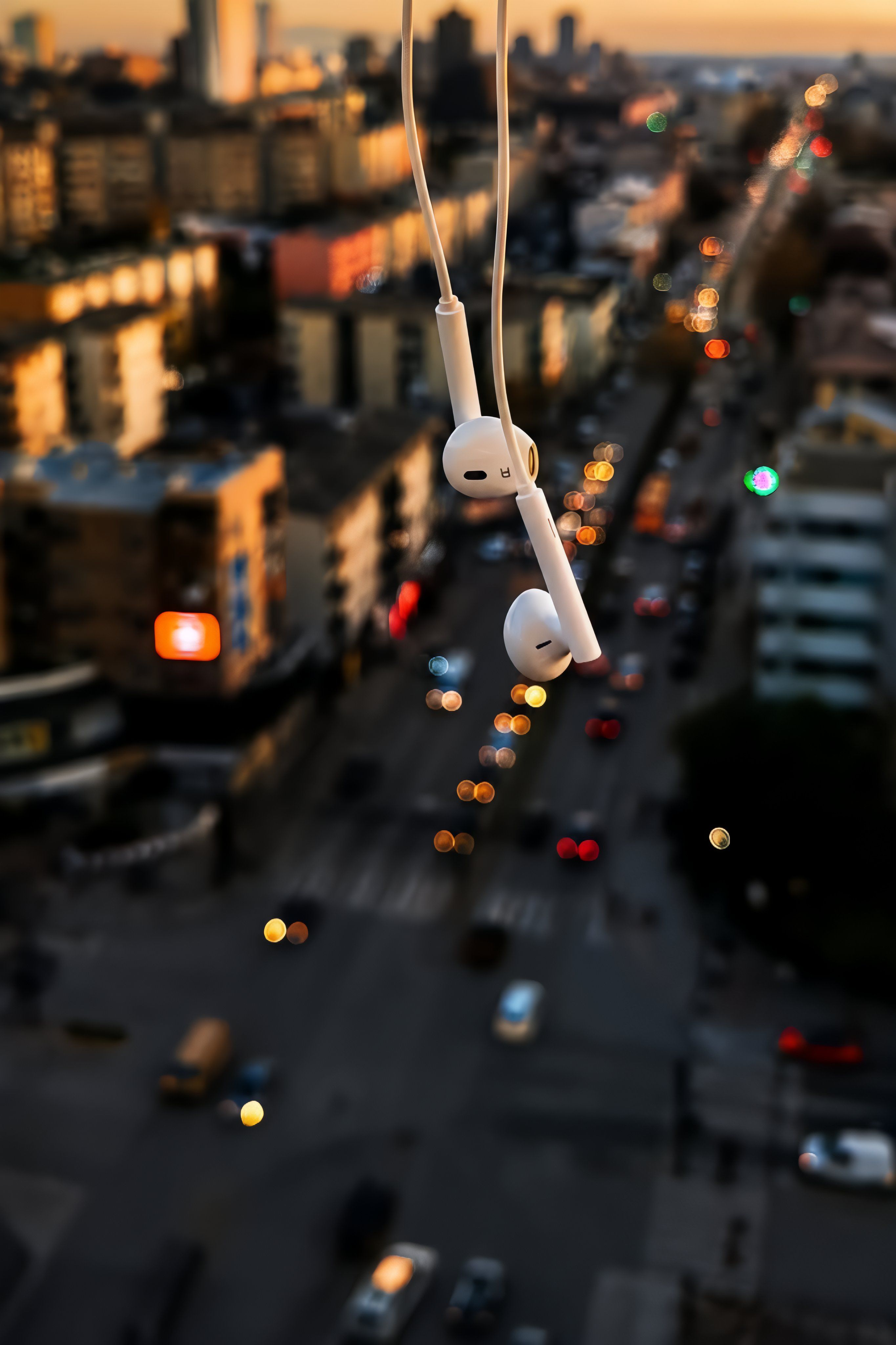 La técnica de poca profundidad de campo muestra los auriculares blancos contra un fondo urbano borroso