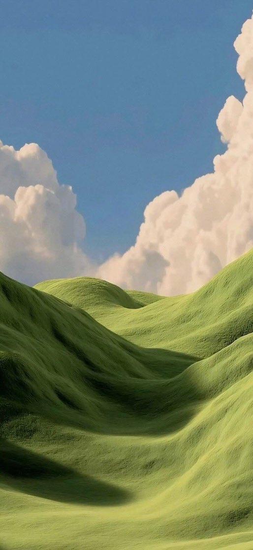 A serene dreamlike landscape showcases rolling green hills