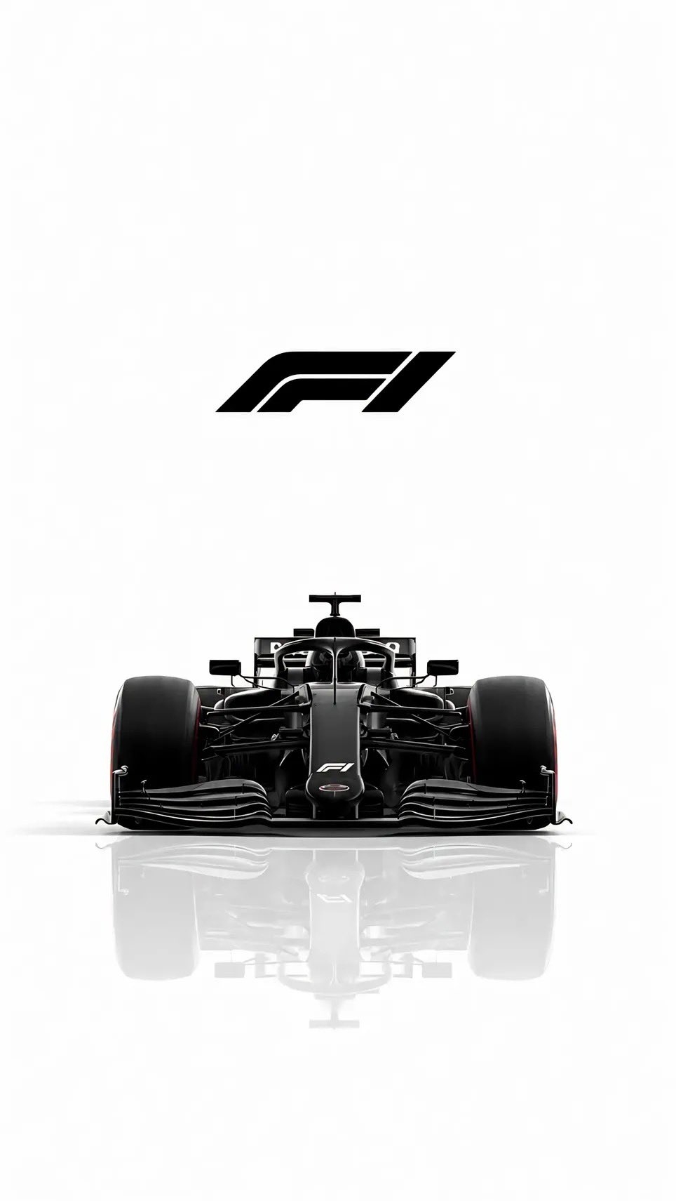 一輛光澤黑鉻的極簡主義F1賽車在白色反射表面上居中，車上方懸浮著標誌性的黑色F1標誌