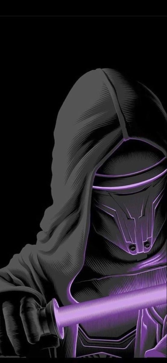A warrior in a dark gray cloak holds a bright purple lightsaber