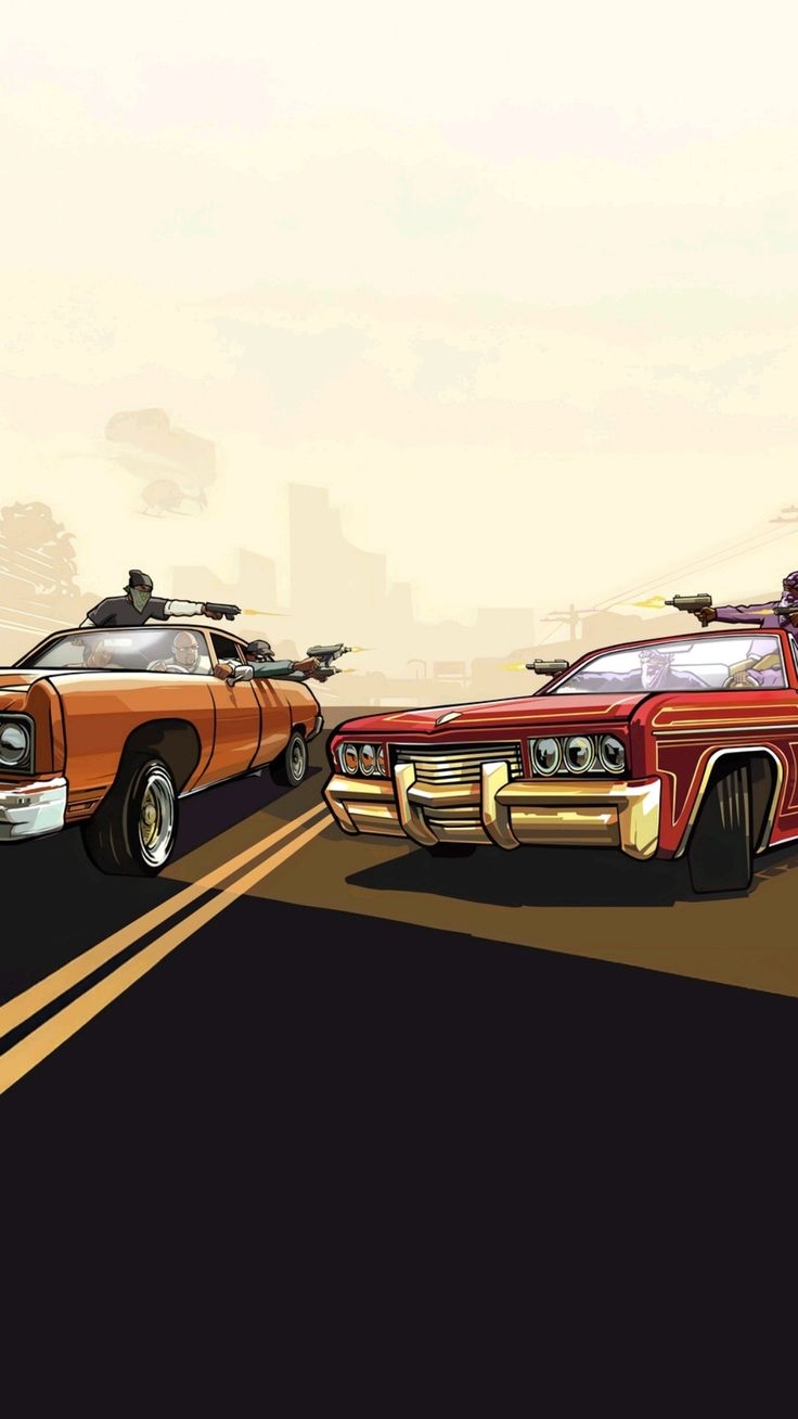 GTA-Stil Wallpaper mit Oldtimerautos in einem Straßengefecht