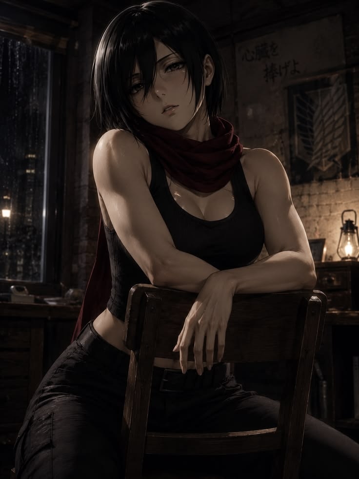 Uma personagem feminina de cabelo preto sentada em uma cadeira de madeira, contrastando seu cachecol vermelho com uma blusa preta