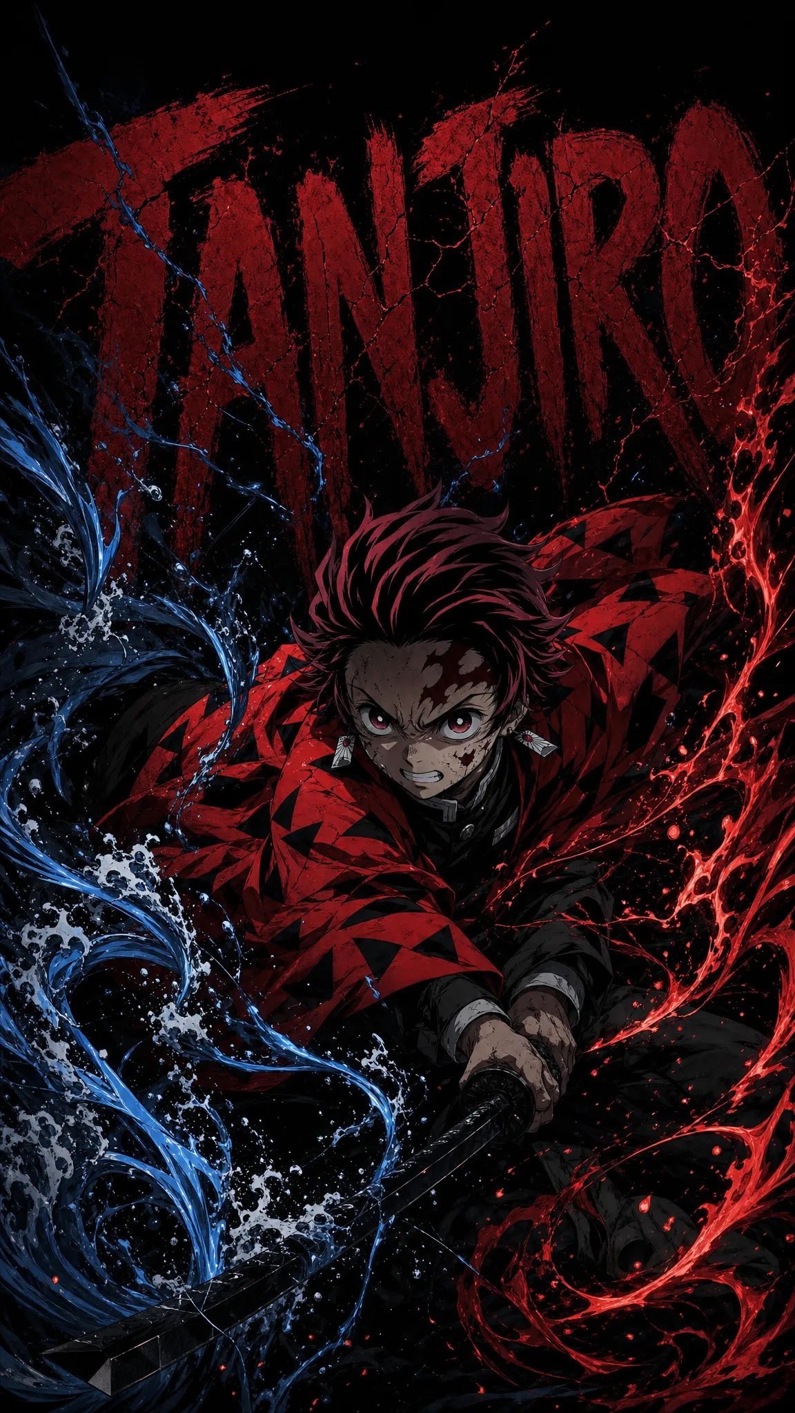 Tanjiro wields a sword against a dark background, showcasing a strong visual contrast