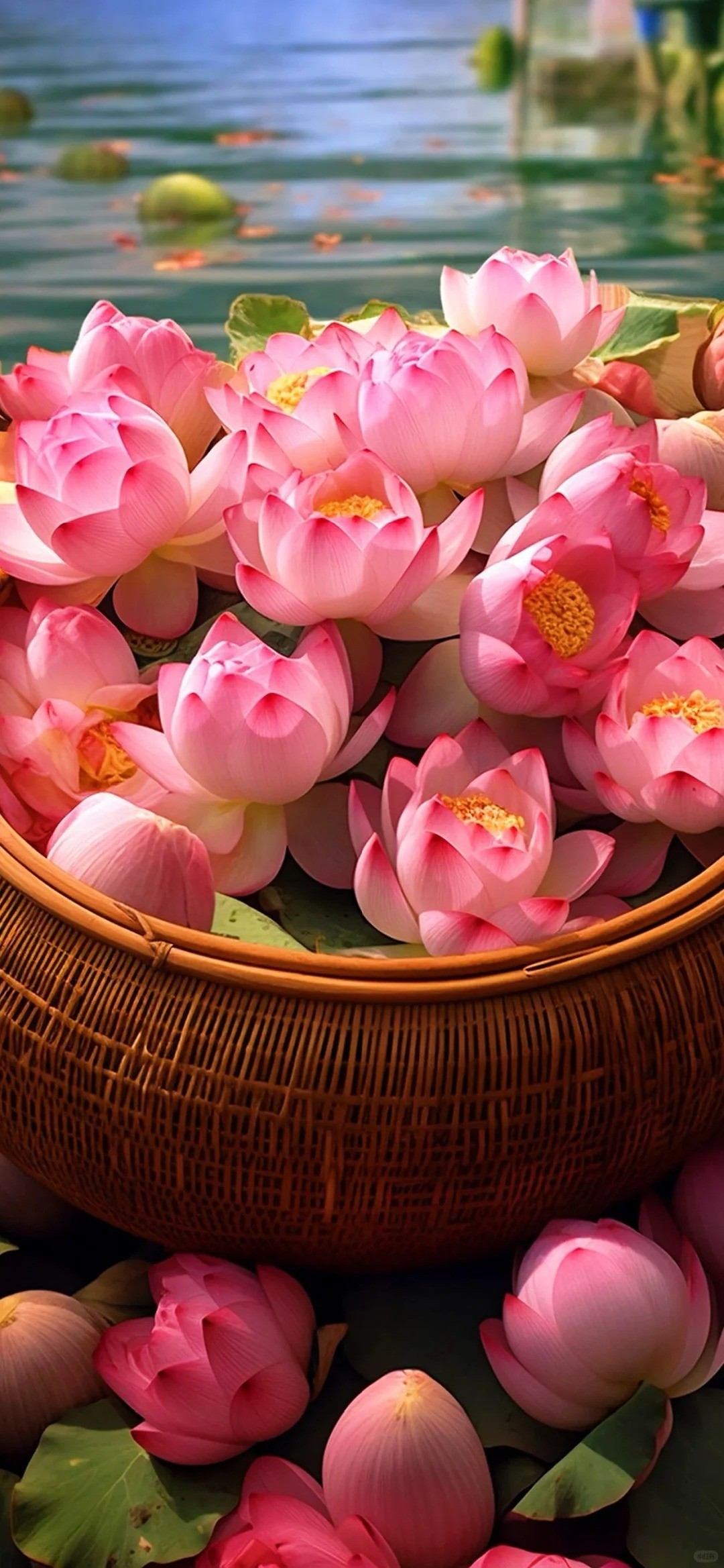 A beautiful summer lock screen wallpaper featuring pink lotus and green leaves