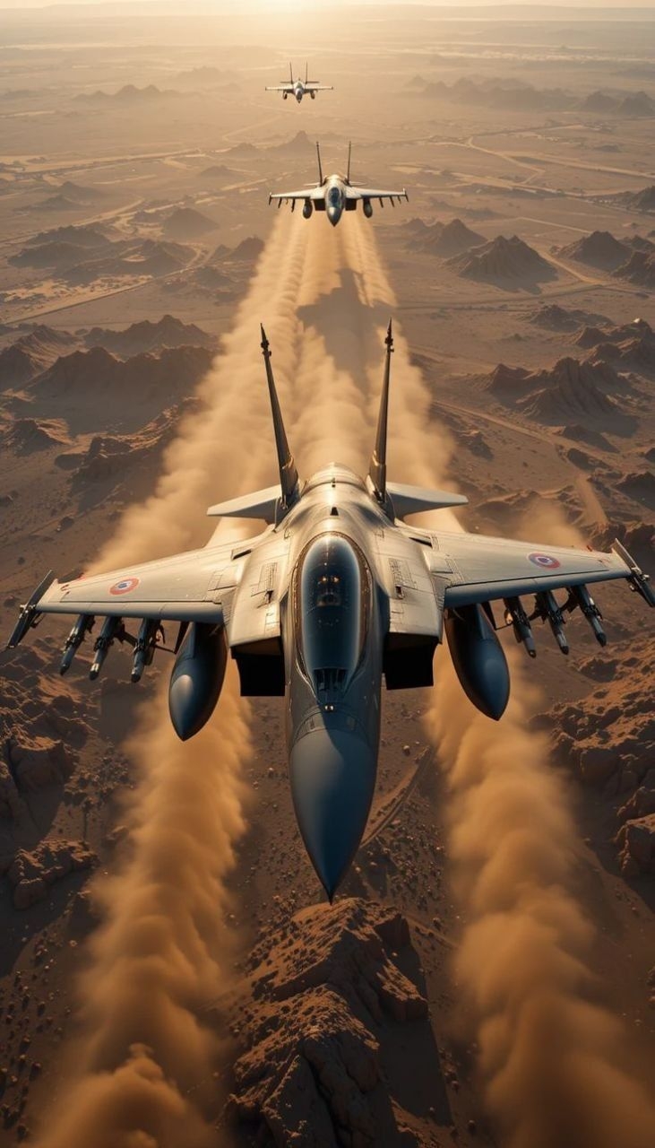 Drei Kampfjets fliegen niedrig über die Wüste
