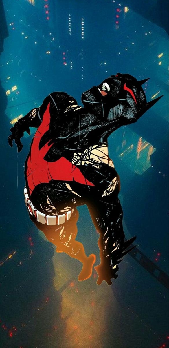 Batman springt durch die nächtliche Stadtszenerie und zeigt einen Cyberpunk-Stil