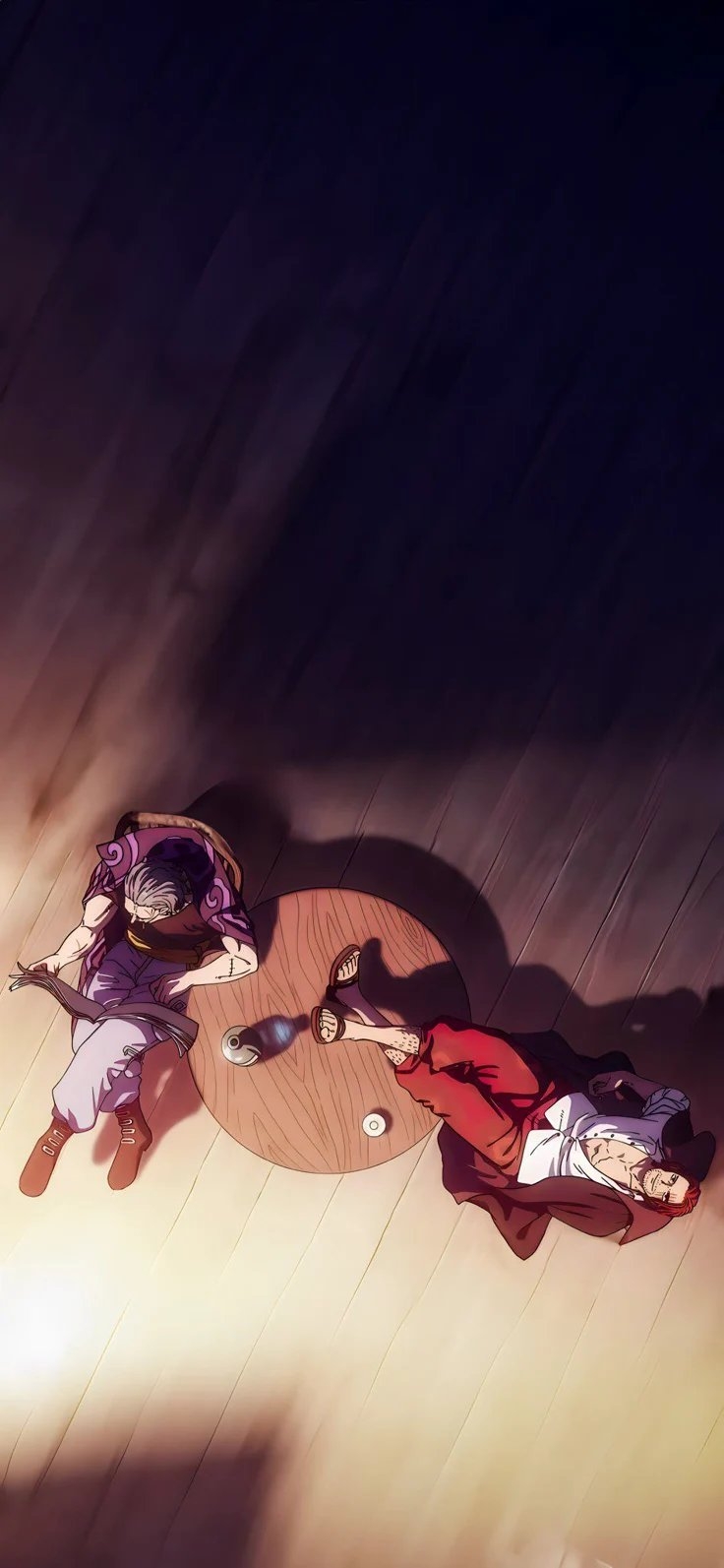 Zwei Animefiguren in Lila und Weiß sowie in Rot und dunklen Farben liegen auf rissiger Erde mit einer großen Kugel zwischen ihnen
