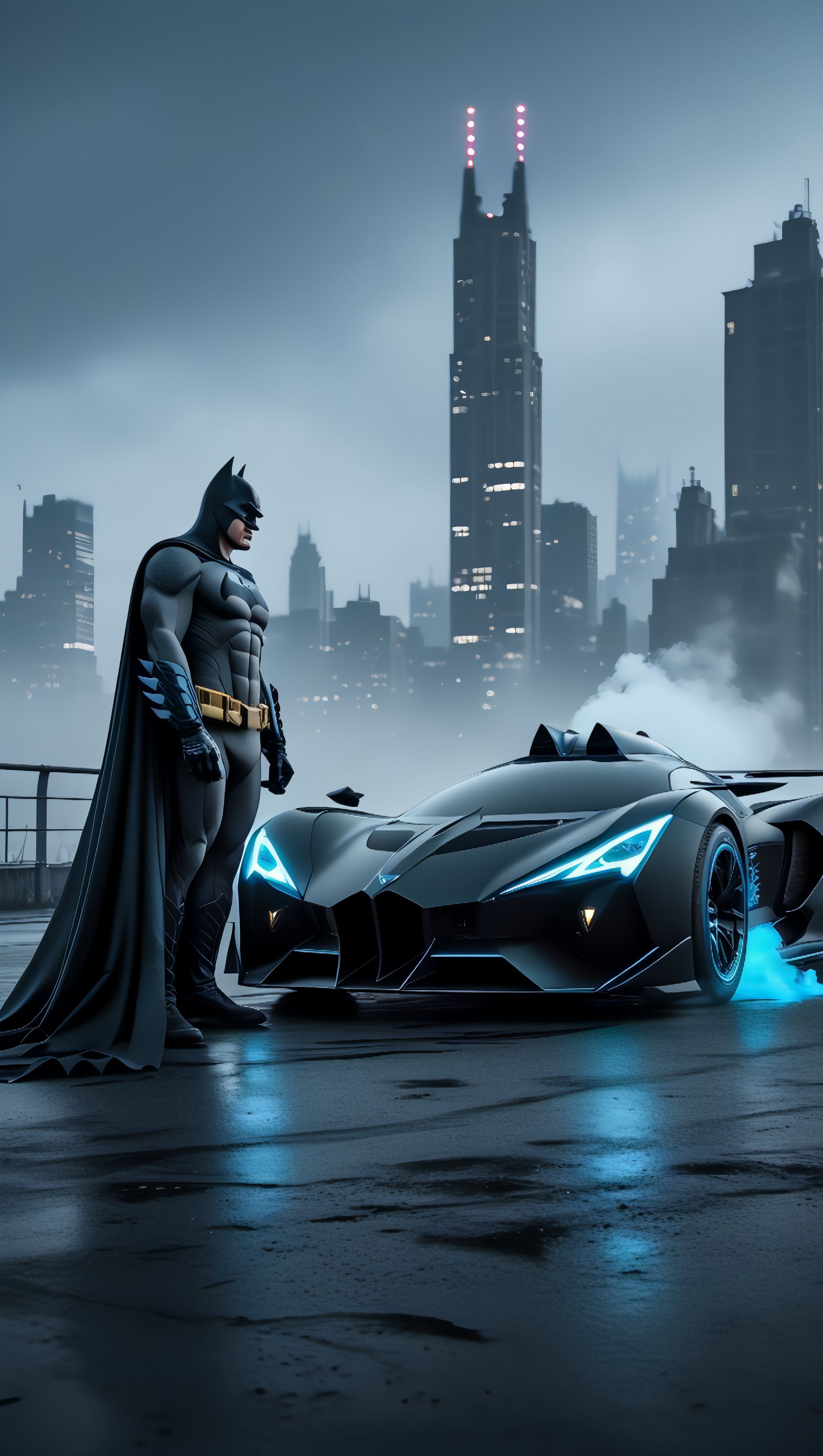 Batman und das futuristische Batmobil stehen auf einem regnerischen Dach