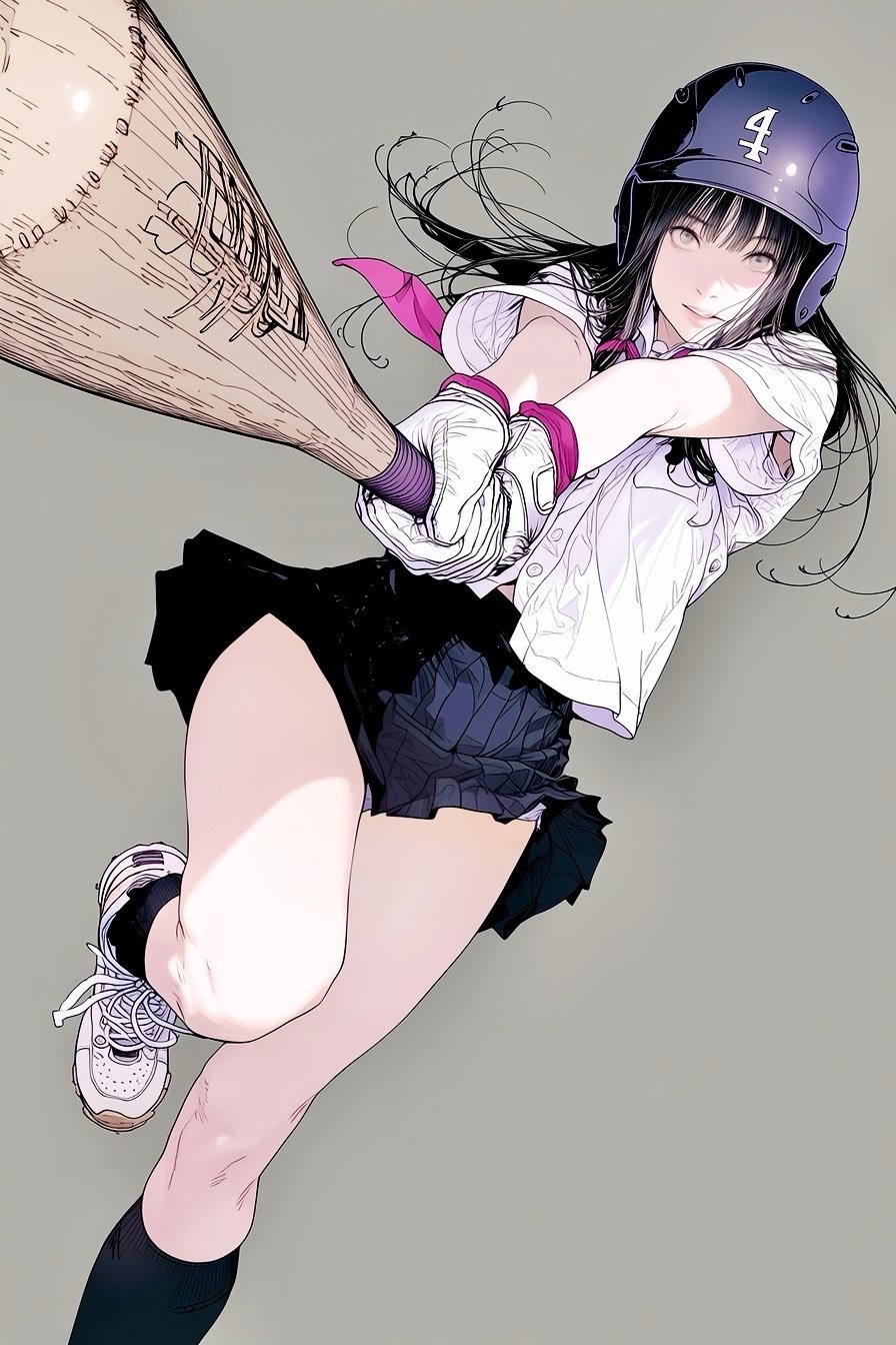 Dynamic manga-style illustration of a young woman in athletic batting pose