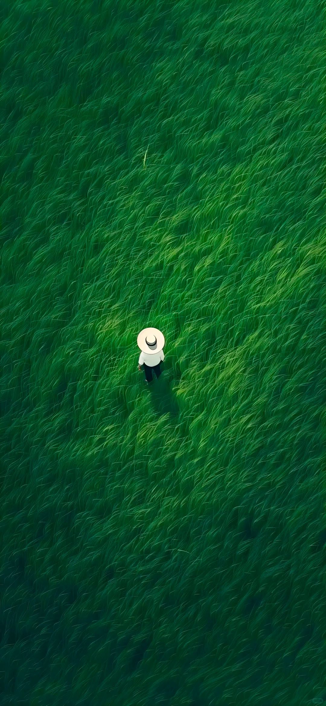 Der Hintergrund zeigt eine kleine Person mit einem Strohhut, die durch ein grünes Meer geht