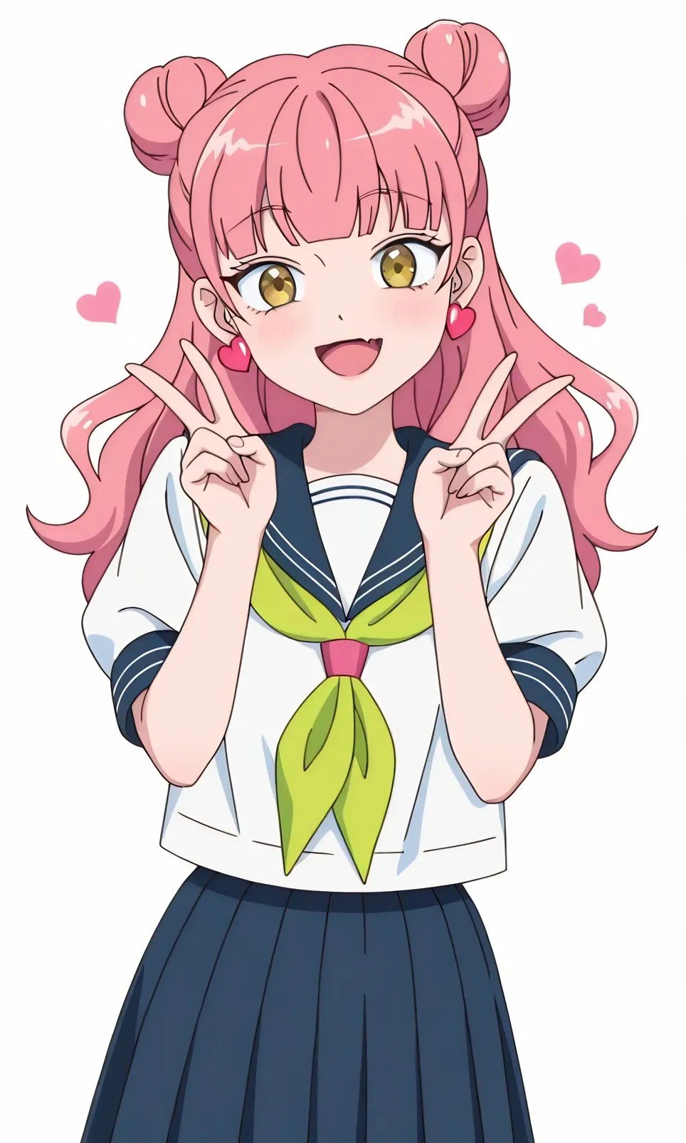 Un portrait mignon de personnage d'anime d'une jeune fille avec des chignons roses en uniforme scolaire et des yeux dorés faisant des signes de paix