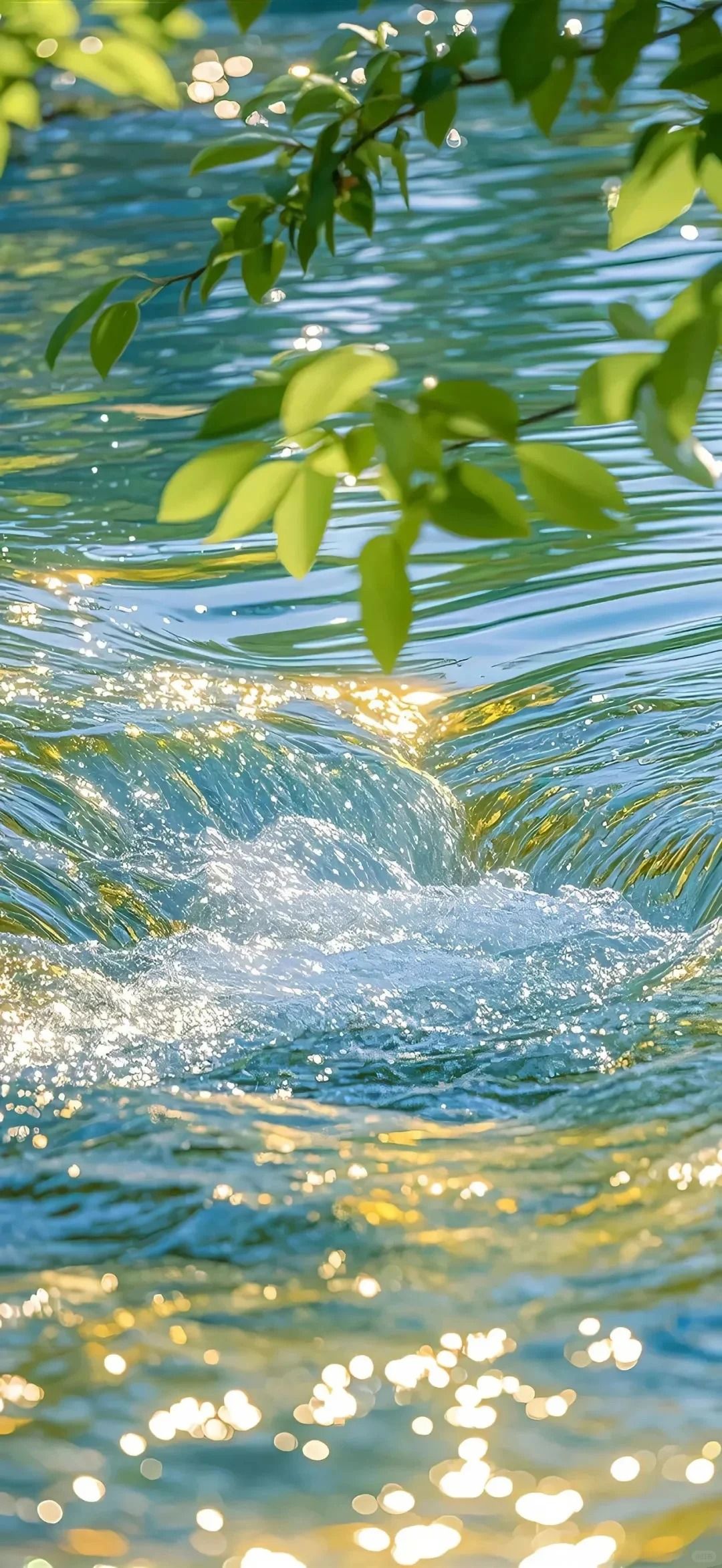 Primer plano de las olas de agua azul-verde entrelazadas con hojas verdes suaves