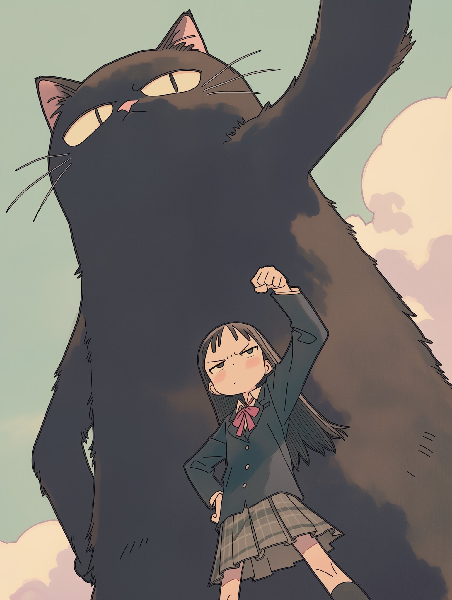 JK制服少女與巨型黑貓的奇幻組合