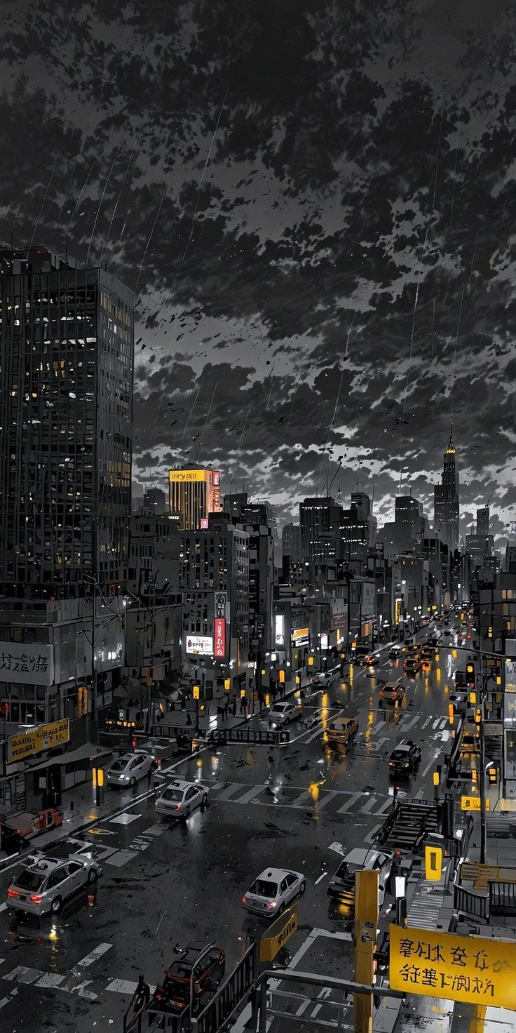 The aerial view of the rainy night city depicts the lonely atmosphere of skyscrapers and neon lights