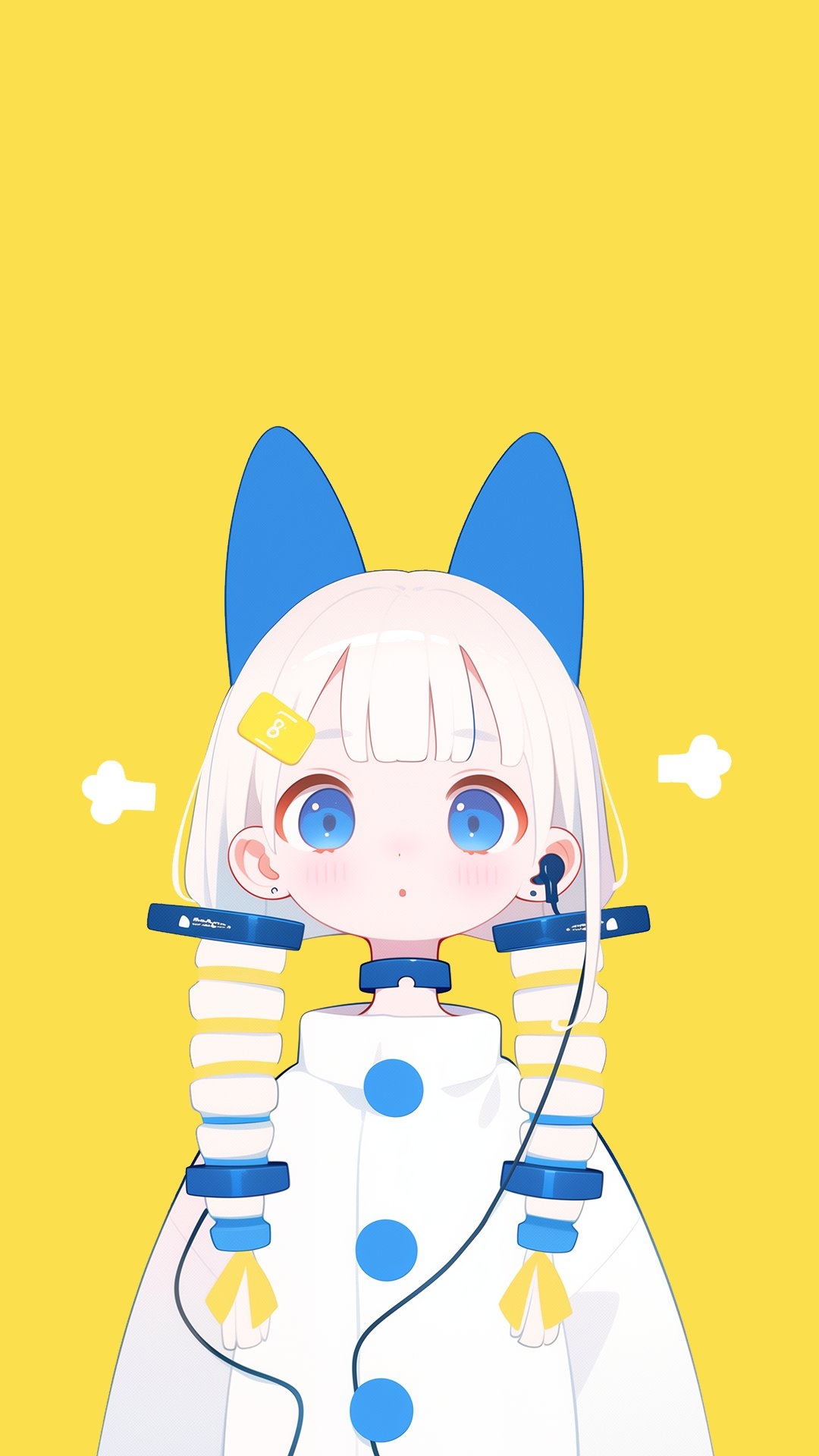 This illustration showcases contemporary kawaii anime aesthetics with a focus on saturated yellow, crisp white, and vivid blue