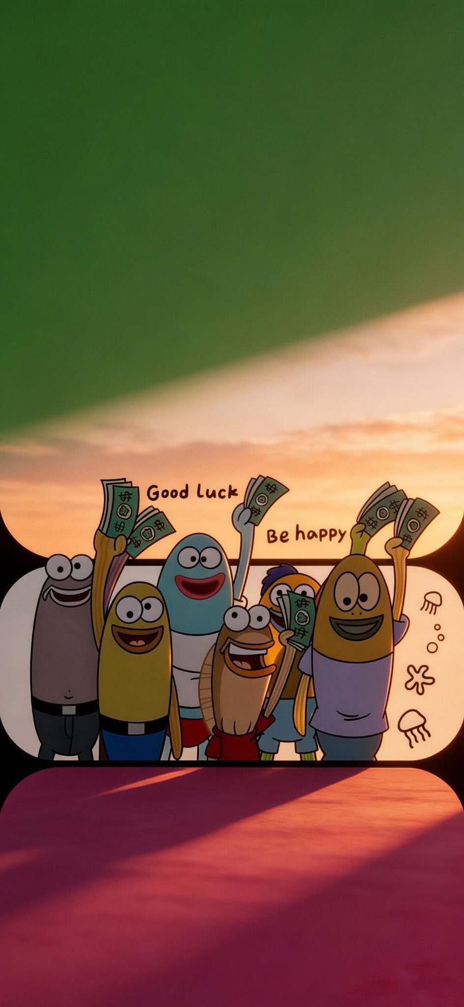 This illustration showcases six anthropomorphic fish characters celebrating against a sunset seascape