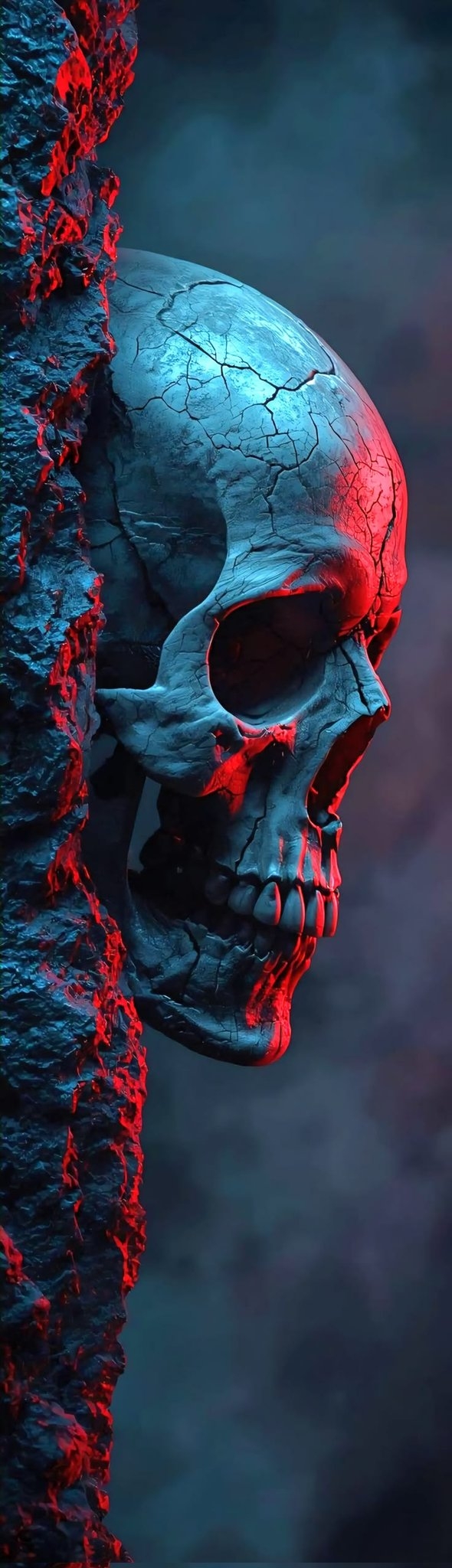 Un enorme cráneo agrietado incrustado en una pared rocosa muestra una fría fantasía oscura