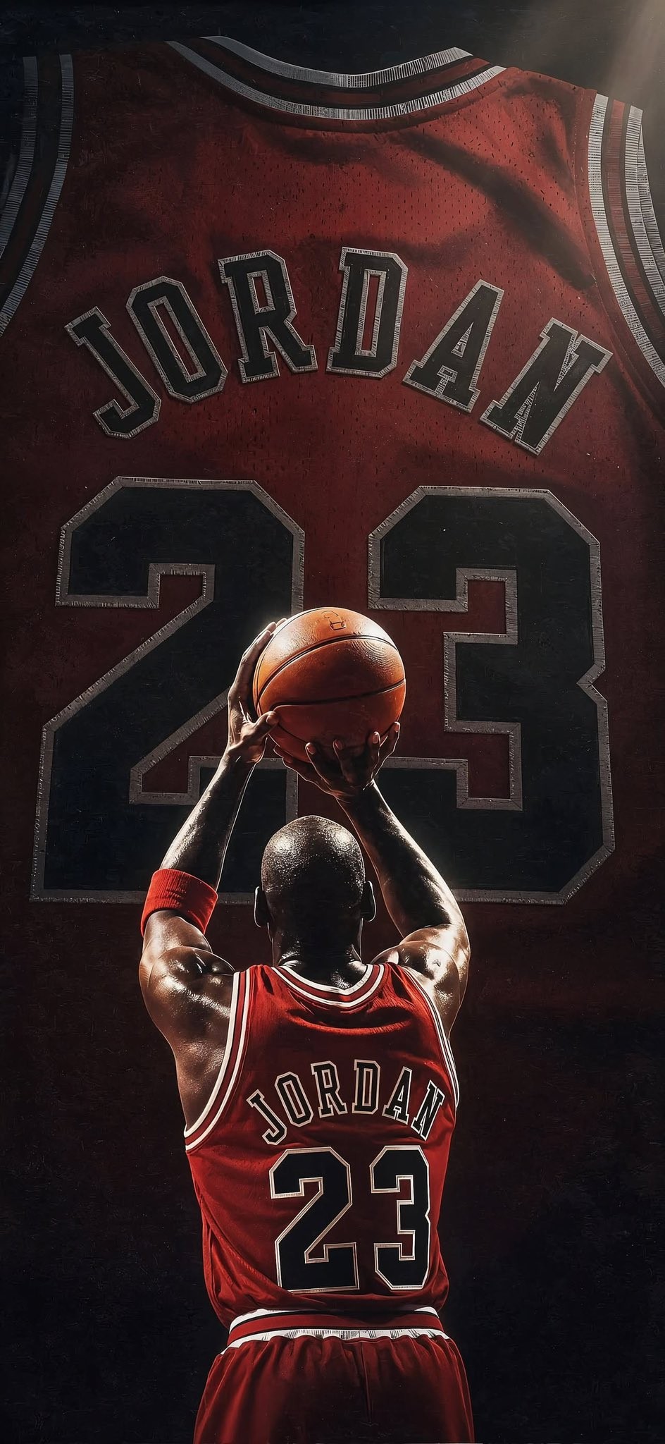 A portrait of Michael Jordan holding a basketball