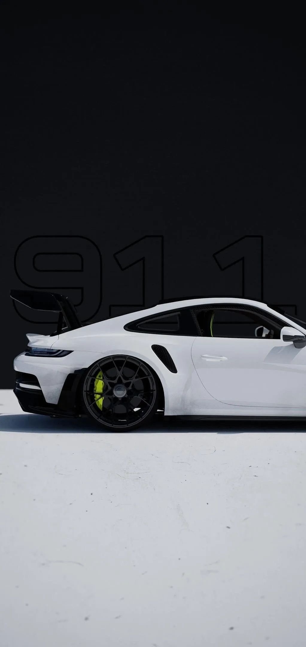 This wallpaper features a pure white Porsche 911 with a black rear wing and fluorescent green calipers, a dream wallpaper for car enthusiasts