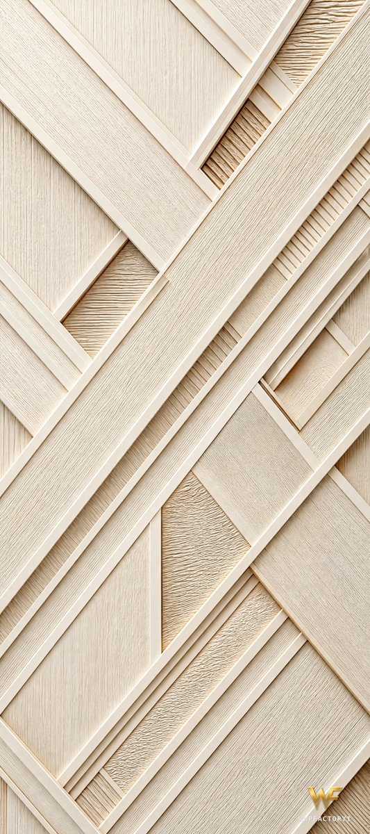 A sophisticated minimalist 3D architectural texture featuring interlocking elongated rectangular panels in cream white and pale natural wood tones