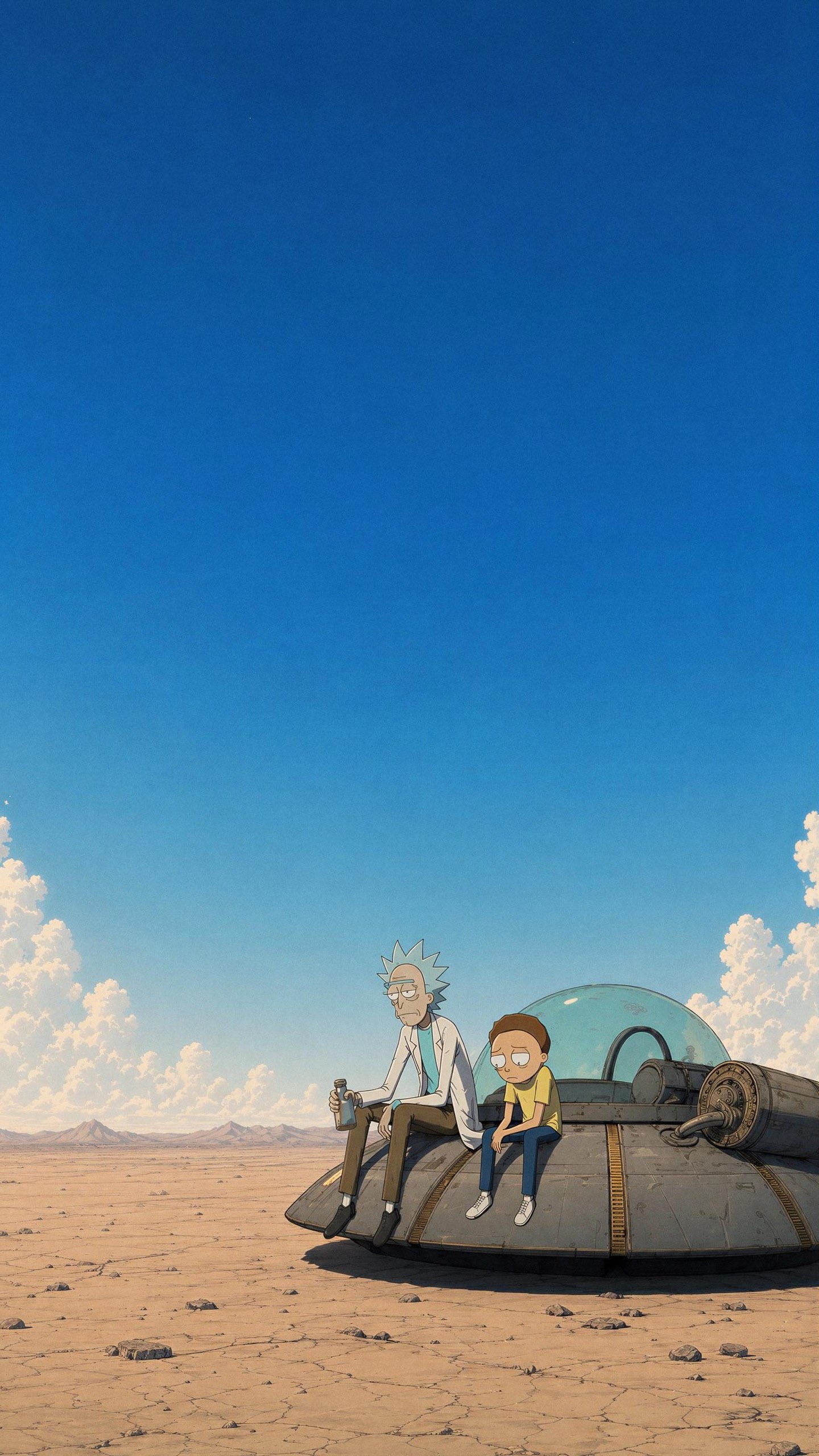 Rick and Morty wallpaper shows them sitting on the wreckage of a crashed spaceship
