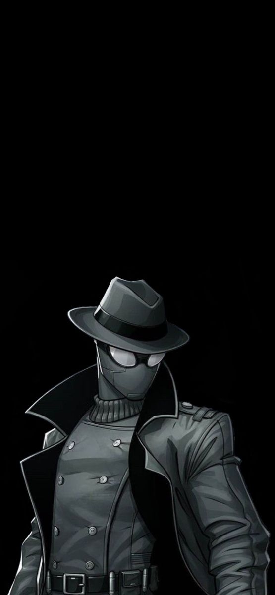 A masked character in a gray overcoat and black hat showcases the moody atmosphere of noir films