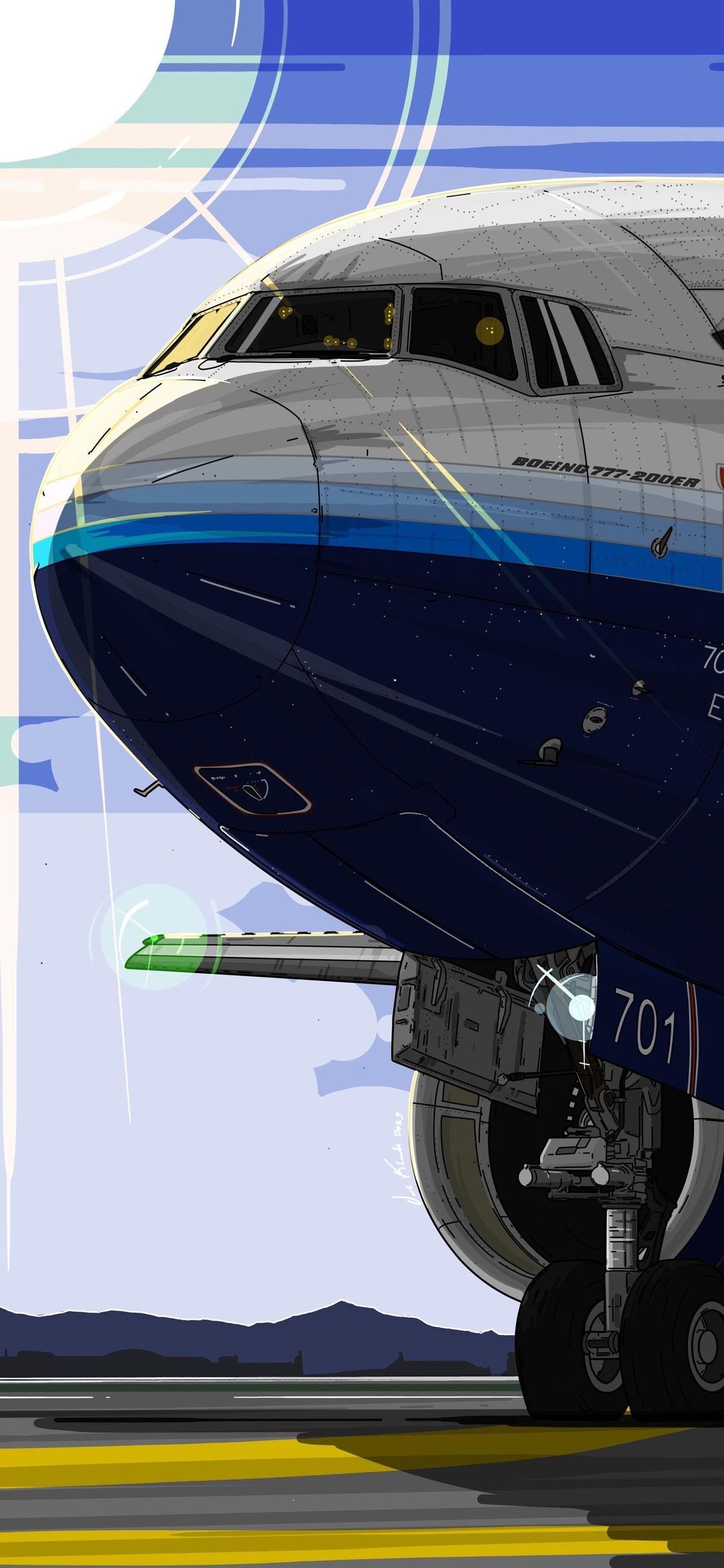 A detailed anime-style illustration of a Boeing 777-200ER aircraft nose and front landing gear