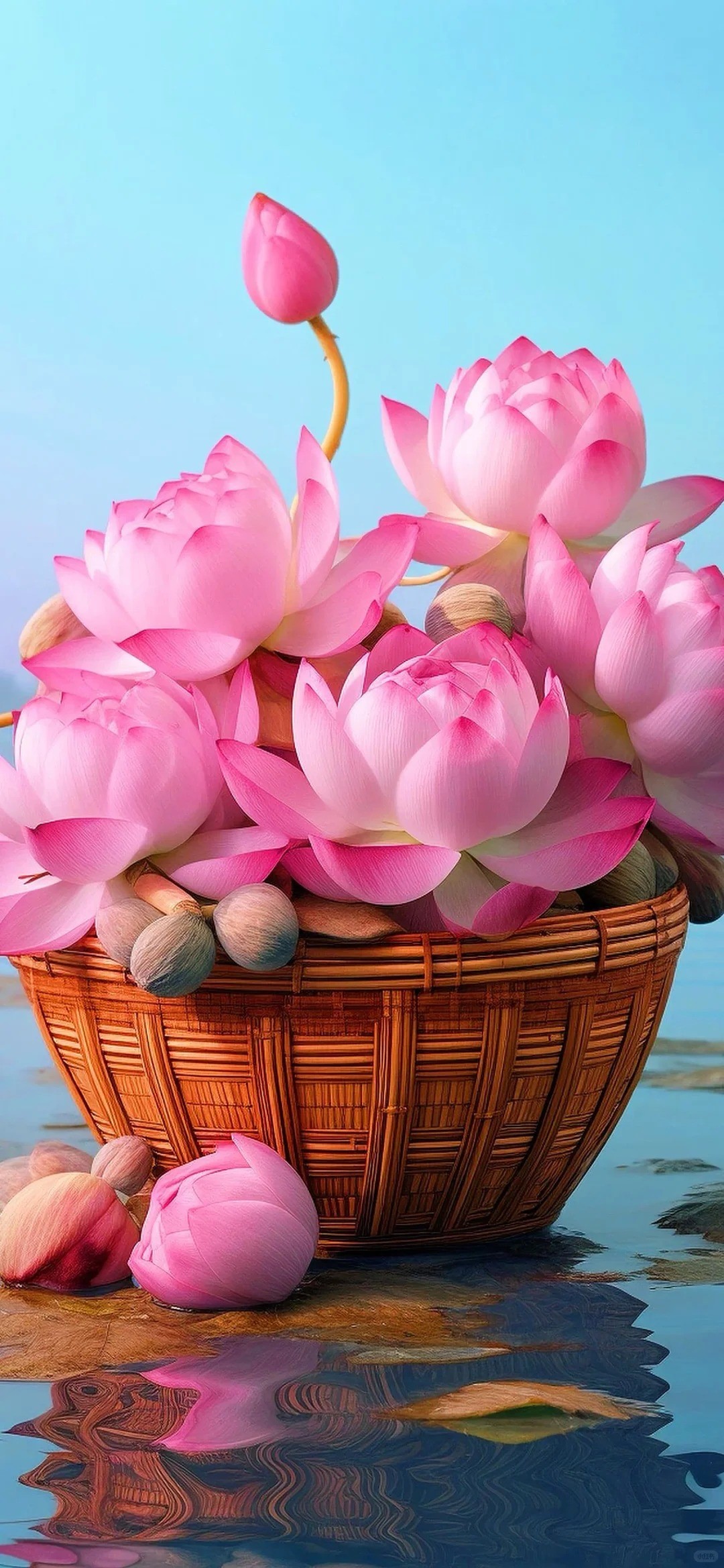这是一幅国风荷花桌面壁纸，展现了粉白荷花与湖水的优雅之美